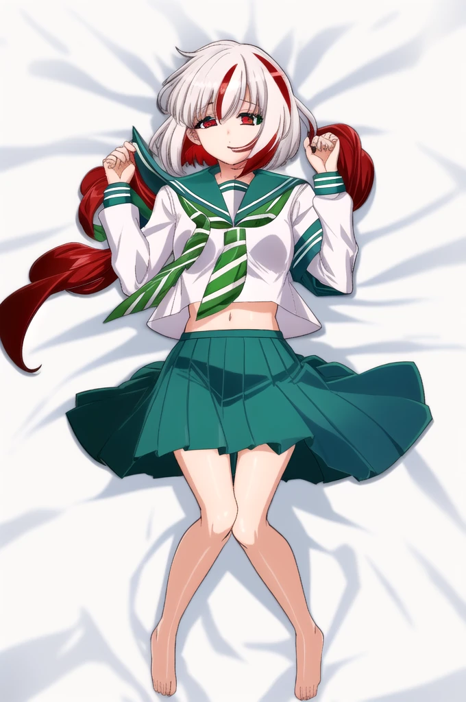 1girl, skinny, small breast, medium short fluffy hair, white hair, (red streaks hair), red eyes, serafuku, , white shirt, green sailor collar, long sleeves, neckerchief, green tie, green skirt, (blue stripes on sailor collar), lying in bed, full body, sexy, eye contact