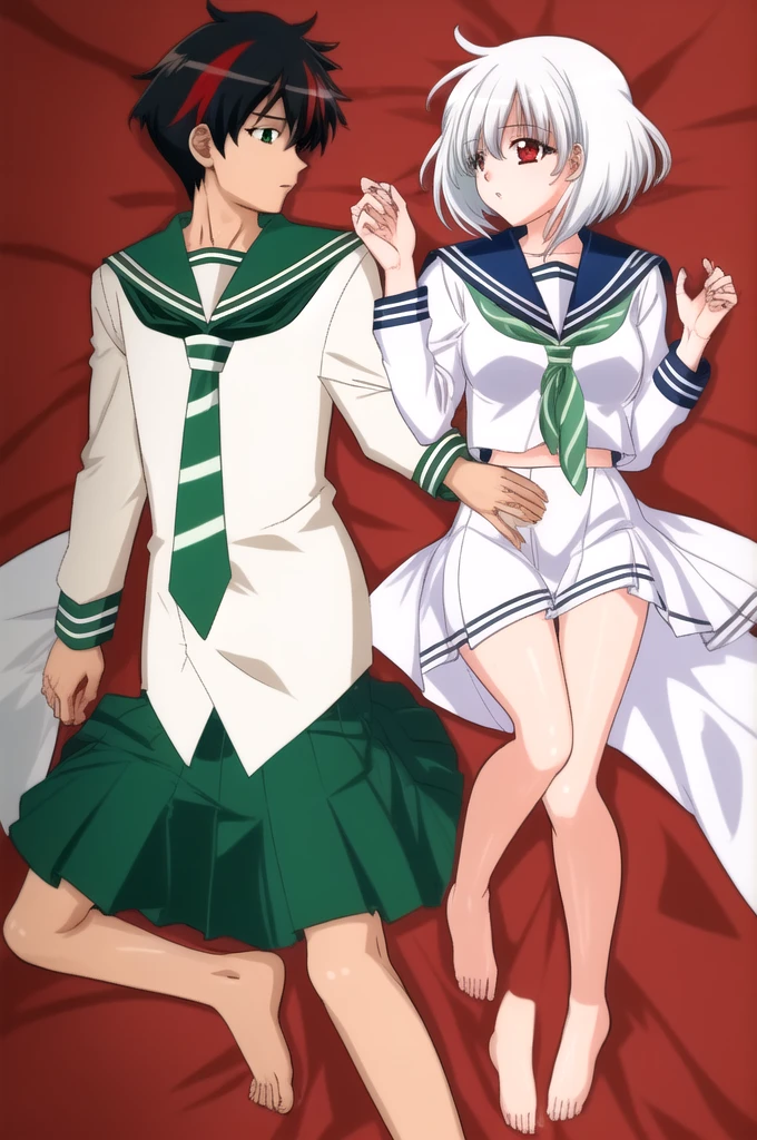 1girl, skinny, small breast, medium short fluffy hair, white hair, (red streaks hair), red eyes, serafuku, , white shirt, green sailor collar, long sleeves, neckerchief, green tie, green skirt, (blue stripes on sailor collar), lying in bed, full body, sexy, eye contact