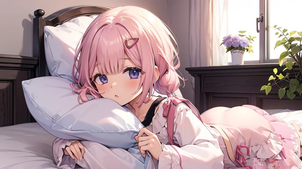 ツインbed、、cute、、bed、、yawn、Hold a pillow、、bedに座る