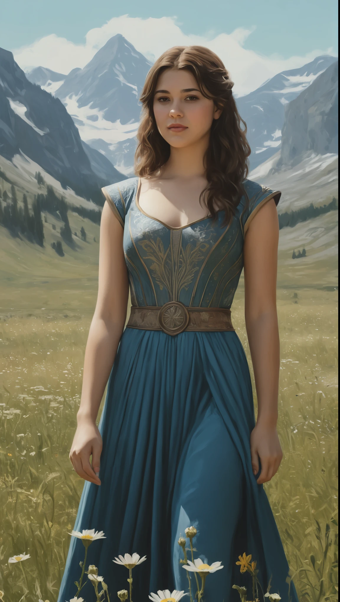 An illustrated movie poster, hand-drawn, full color, a Westerosi teen girl, wearing a regal dress, resembles Mary Elizabeth Winstead, sun-tanned complexion, tall, athletic, Amazonian figure, curvy, toned midriff, bottom-heavy, generous hips, massive bubble-butt, ridiculously thick powerful thighs, dark hair, long hair, waist-length hair, posing in a meadow of wildflowers, hard shadows, graphite shading, stencil marks, airbrushed acrylic paint, masterpiece, in the style of Skyrim