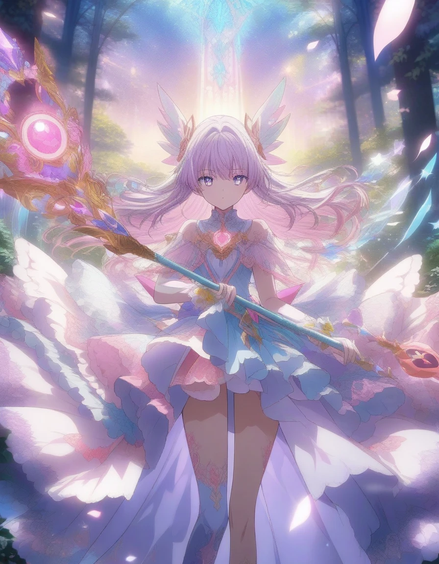 1girl, Magical Girl, Amidst a moonlit forest, a young girl with flowing, pastel-colored hair stands surrounded by a swirl of sparkling stardust. Clad in a shimmering, frilly dress adorned with intricate magical symbols, she wields a staff that radiates a soft, ethereal glow. Her eyes glow with determination as she prepares to unleash her extraordinary powers against the forces of darkness . (masterpiece), (best quality), (ultra-detailed), very aesthetic, illustration, disheveled hair, perfect composition, moist skin, intricate details, anime artwork, anime style, visual, vibrant, studio anime, highly detailed, aesthetic