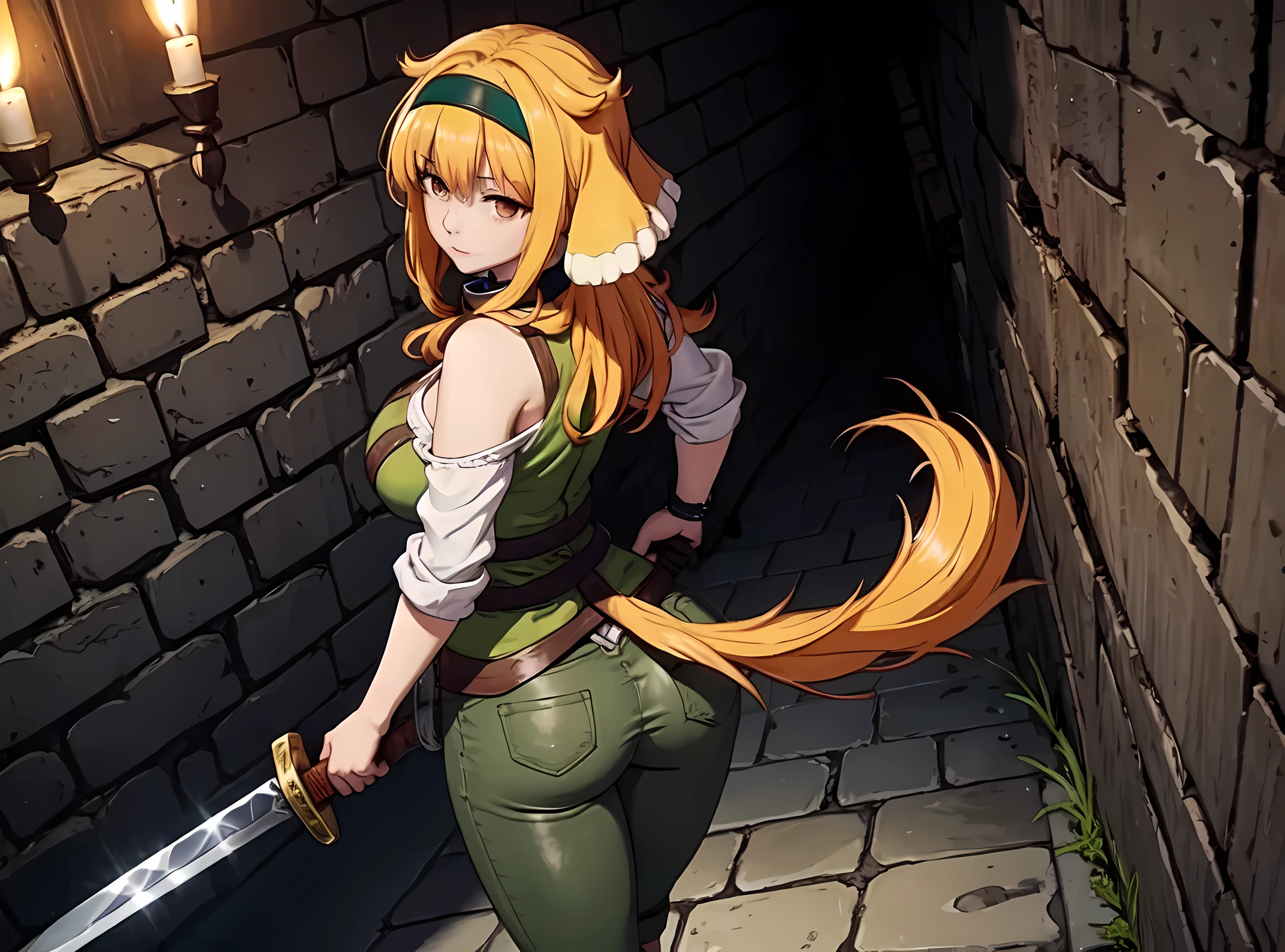 masterpiece, best quality, roxanne, dog ears, black hairband, [[[green hairband]]], collar, off-shoulder shirt, cleavage, green vest, green pants, large breasts, holding sword, ((sword)), walking, looking back, (dog tail above butt), [[[focused]]], [[glaring]], holding weapon, hand on hilt, (((dirt))), (((((dungeon))))), ((maze)), (((medieval))), ((dark)), ((night)), glowing, orbs