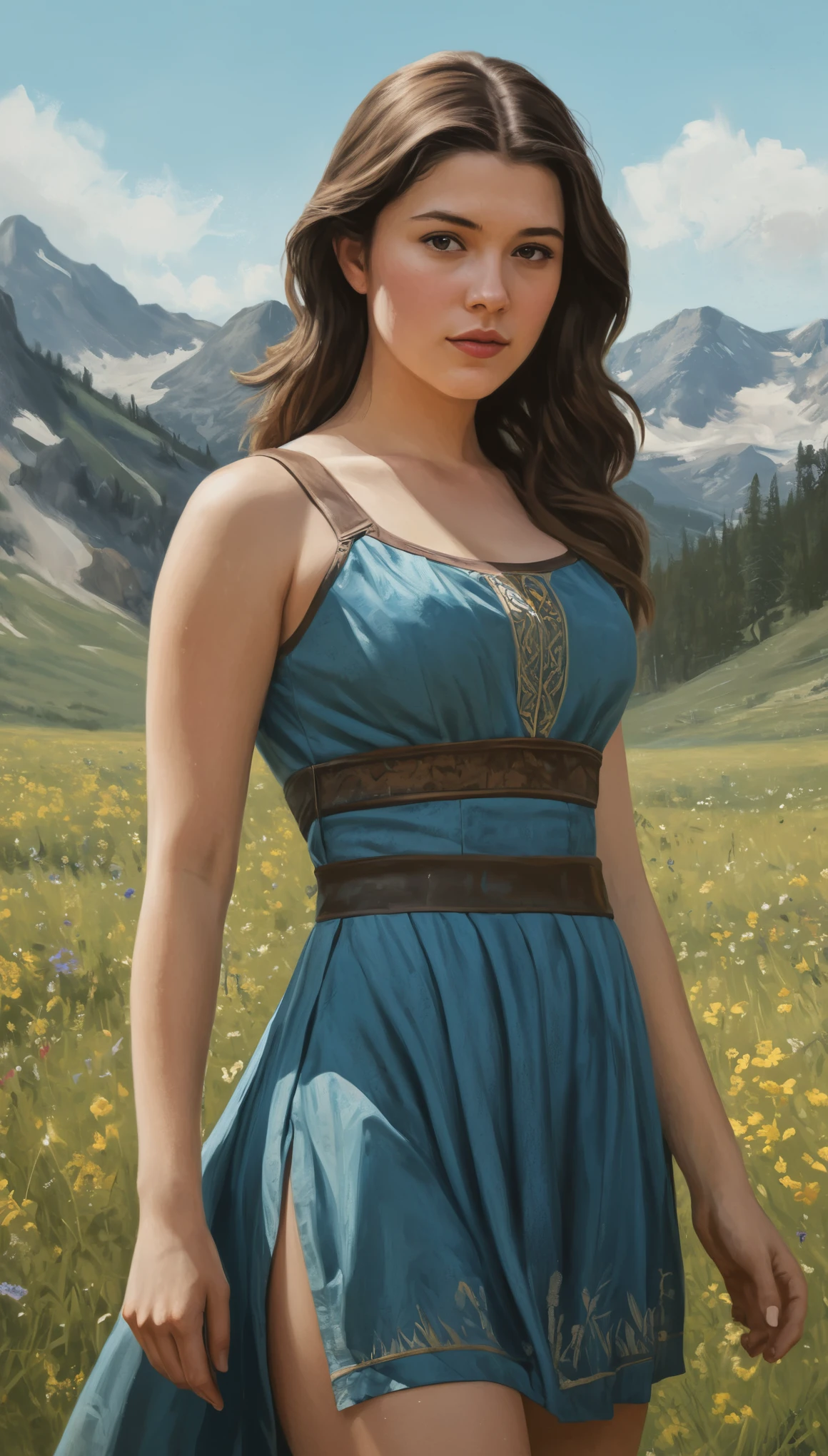 An illustrated movie poster, hand-drawn, full color, a Westerosi teen girl, wearing a regal dress, resembles Mary Elizabeth Winstead, sun-tanned complexion, tall, athletic, Amazonian figure, curvy, toned midriff, bottom-heavy, generous hips, massive bubble-butt, ridiculously thick powerful thighs, dark hair, long hair, waist-length hair, posing in a meadow of wildflowers, hard shadows, graphite shading, stencil marks, airbrushed acrylic paint, masterpiece, in the style of Skyrim