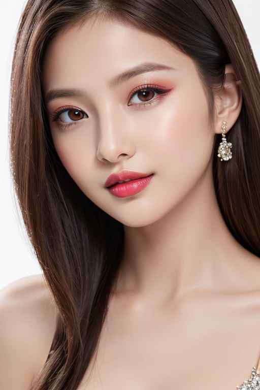 (highest quality、table top、8K、best image quality、Award-winning work)、(one young girl, :1.3)、(red eyeshadow:1.2)、perfect makeup、long eyelashes、Super high-definition sparkling eyes、ultra high definition hair、ultra high resolution glossy lips、Super high resolution perfect teeth、Super high resolution cute face、brown hair、(very long straight hair:1.1)、look at me and smile、[clavicle]、accurate anatomy、(close up of face:1.5)、(((professional lighting:1.2)))、Super high-resolution glossy and moisturized face、Super high resolution glowing skin、most detailed face、Ultra high resolution detailed faces、ultra high resolution hair、Super high resolution sparkling eyes、Beautiful face drawn in every detail、Super high resolution glossy red lips、(((Elegant dress 1.5)))、(((full nude 1.5)))、(Emphasize the chest1.5)、