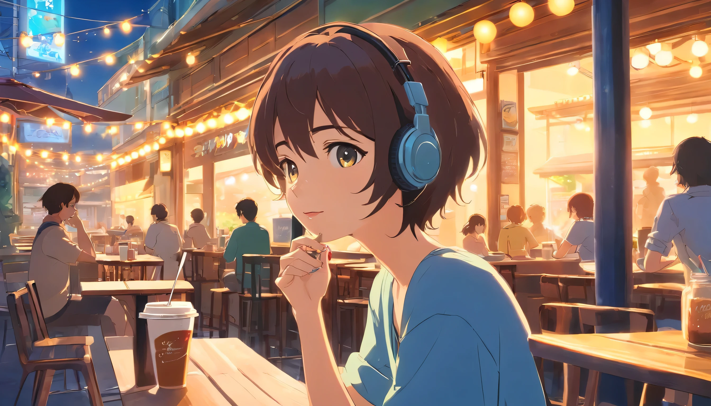 Urban cafe with terrace,wide々And in space , woman drinking coffee , wearing headphones , studio ghibli animation , warm sunshine , masterpiece