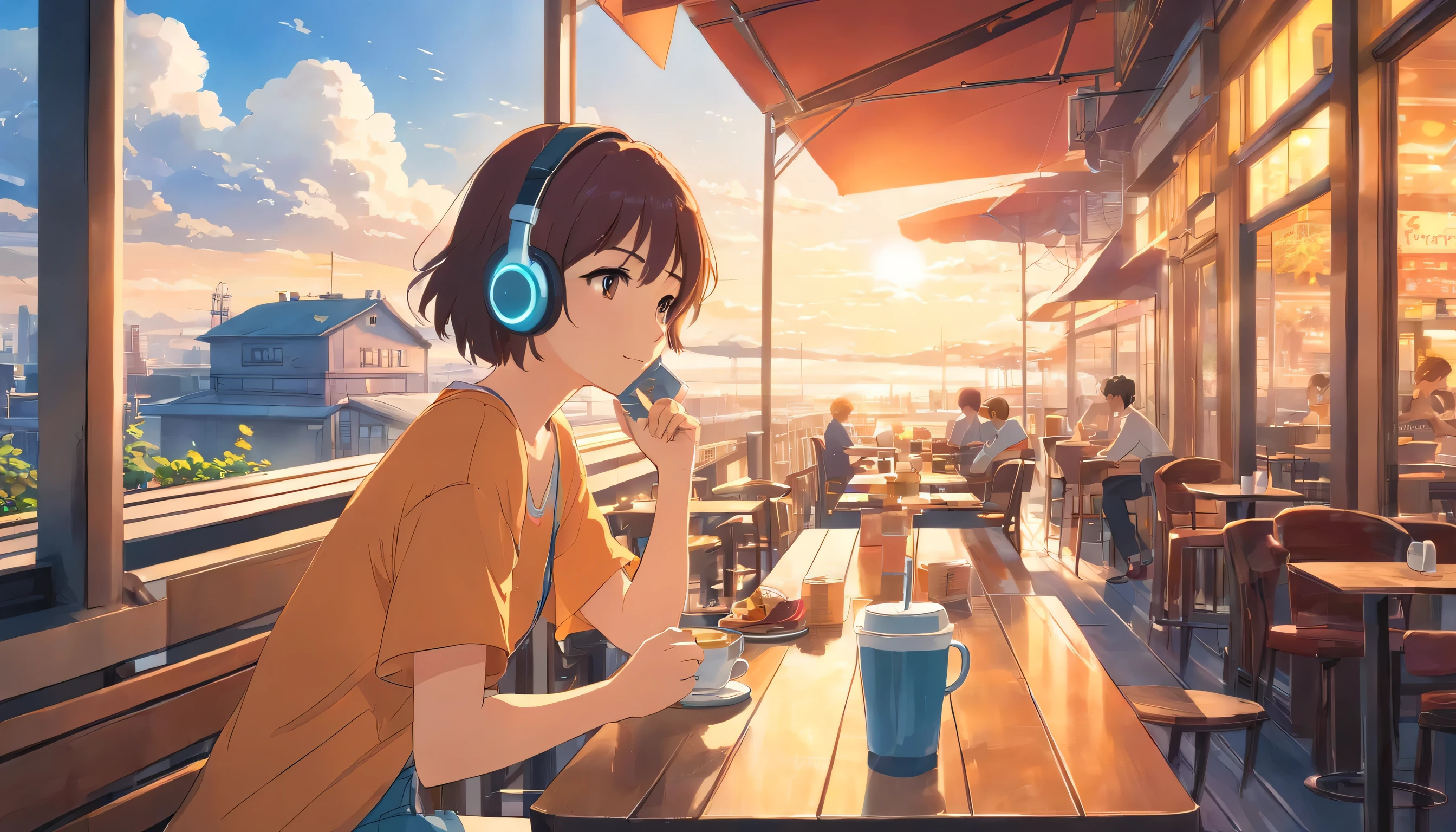 Urban cafe with terrace,wide々And in space , woman drinking coffee , wearing headphones , studio ghibli animation , warm sunshine , masterpiece