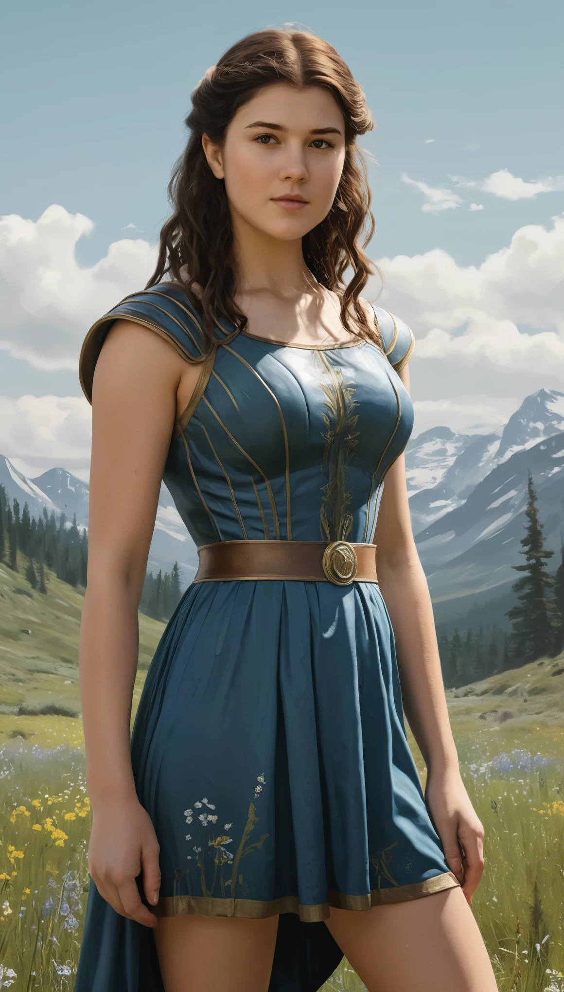An illustrated movie poster, hand-drawn, full color, a Westerosi teen girl, wearing a regal dress, resembles Mary Elizabeth Winstead, sun-tanned complexion, tall, athletic, Amazonian figure, curvy, toned midriff, bottom-heavy, generous hips, massive bubble-butt, ridiculously thick powerful thighs, dark hair, long hair, waist-length hair, posing in a meadow of wildflowers, hard shadows, graphite shading, stencil marks, airbrushed acrylic paint, masterpiece, in the style of Skyrim