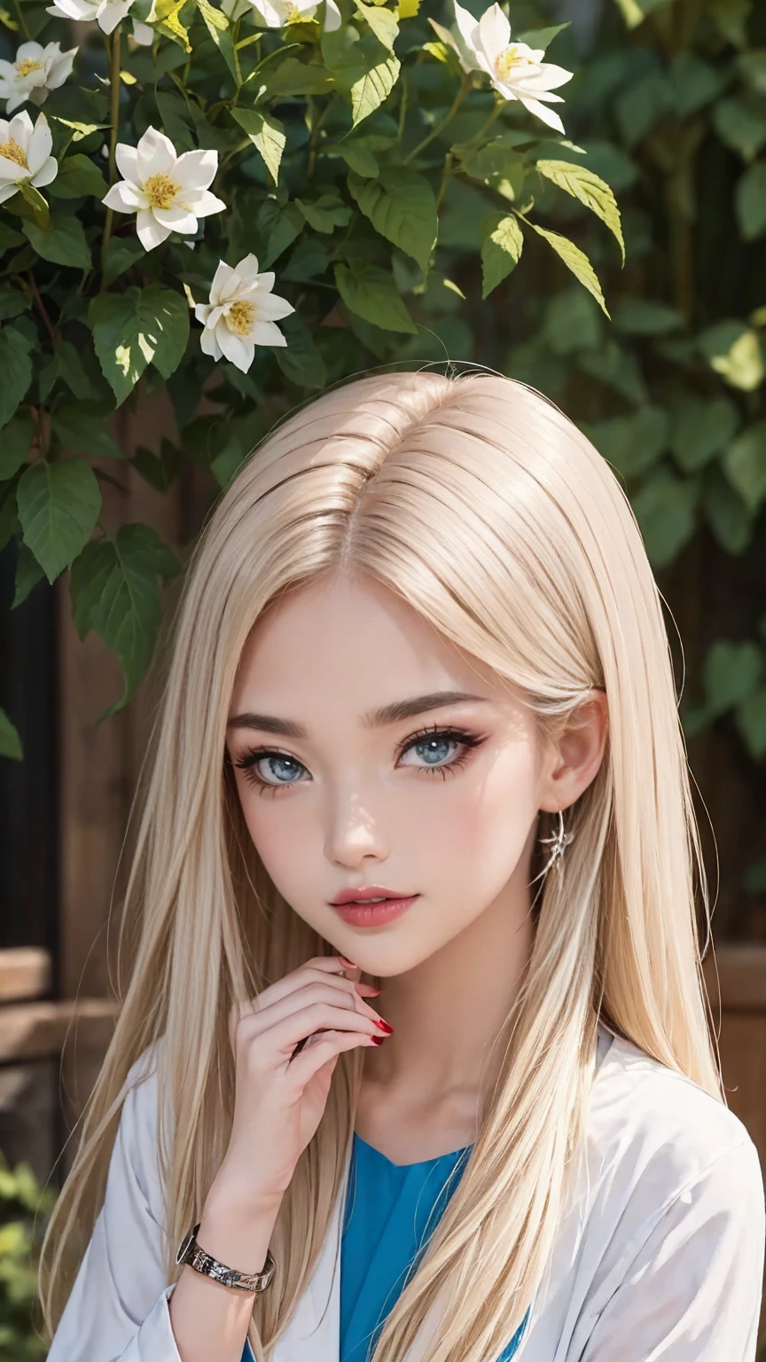 ((最high quality, 8K, masterpiece: 1.3, Ultra HD, high quality, 最high quality, High resolution, realism)) 、A 22-year-old extremely beautiful white woman、Her hair color is platinum blonde、blue eyes、medium hair、straight hair、The hair is shiny、The skin is lustrous、smile、Slender but well-proportioned muscular body、Athlete-like body type、I don&#39;t want my head to disappear from the screen.、Wearing accessories on your wrist、Wearing red nail polish、I have a peticure、English house with garden、gardening((Replanting floweraintenance))、anatomically correct、((anatomically correct))、Ultra high definition((UHD))、textured skin((textured skin))、very detailed((super detail))、high detail((high details))
