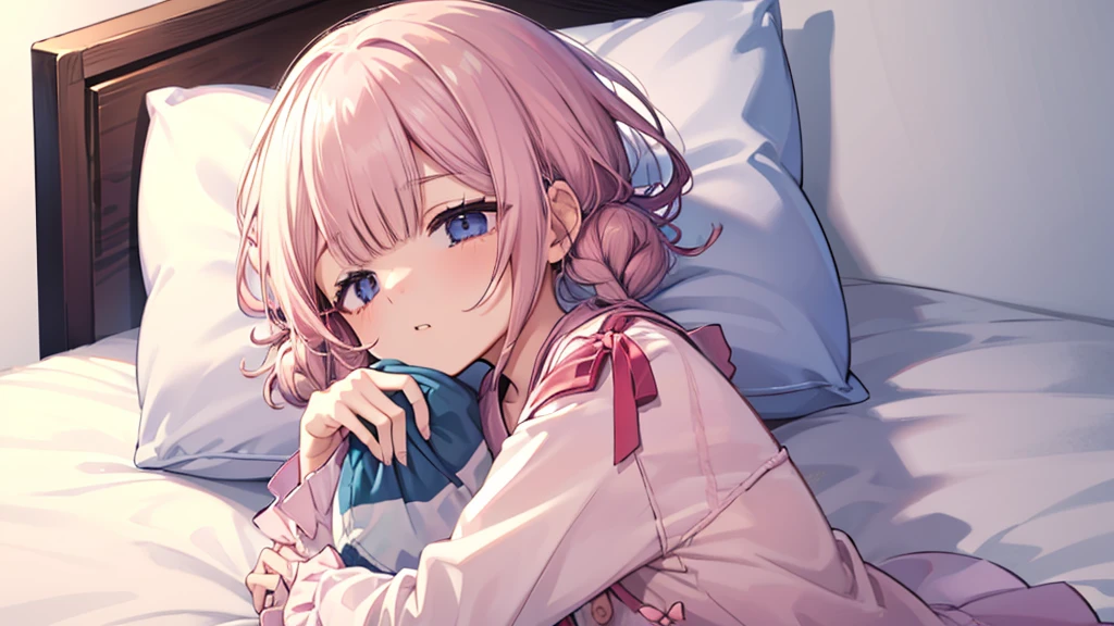 ツインbed、、cute、、bed、look down、lie down、turn to the side、、sleepy目をこすりながら、sleepy、yawn、Hold a pillow、Looks sleepy
