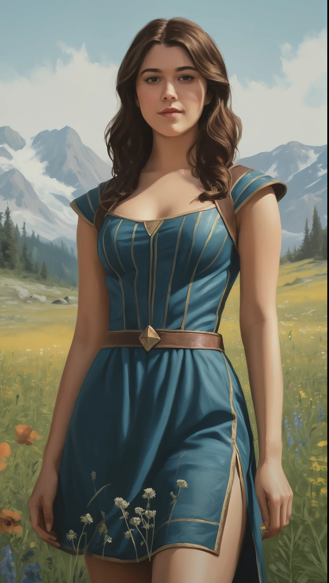 An illustrated movie poster, hand-drawn, full color, a Westerosi girl, wearing a regal dress, resembles Mary Elizabeth Winstead, sun-tanned complexion, tall, athletic, hourglass figure, curvy, toned midriff, bottom-heavy, generous hips, massive bubble-butt, ridiculously thick powerful thighs, dark hair, long hair, waist-length hair, posing in a meadow of wildflowers, hard shadows, graphite shading, stencil marks, airbrushed acrylic paint, masterpiece, in the style of Skyrim