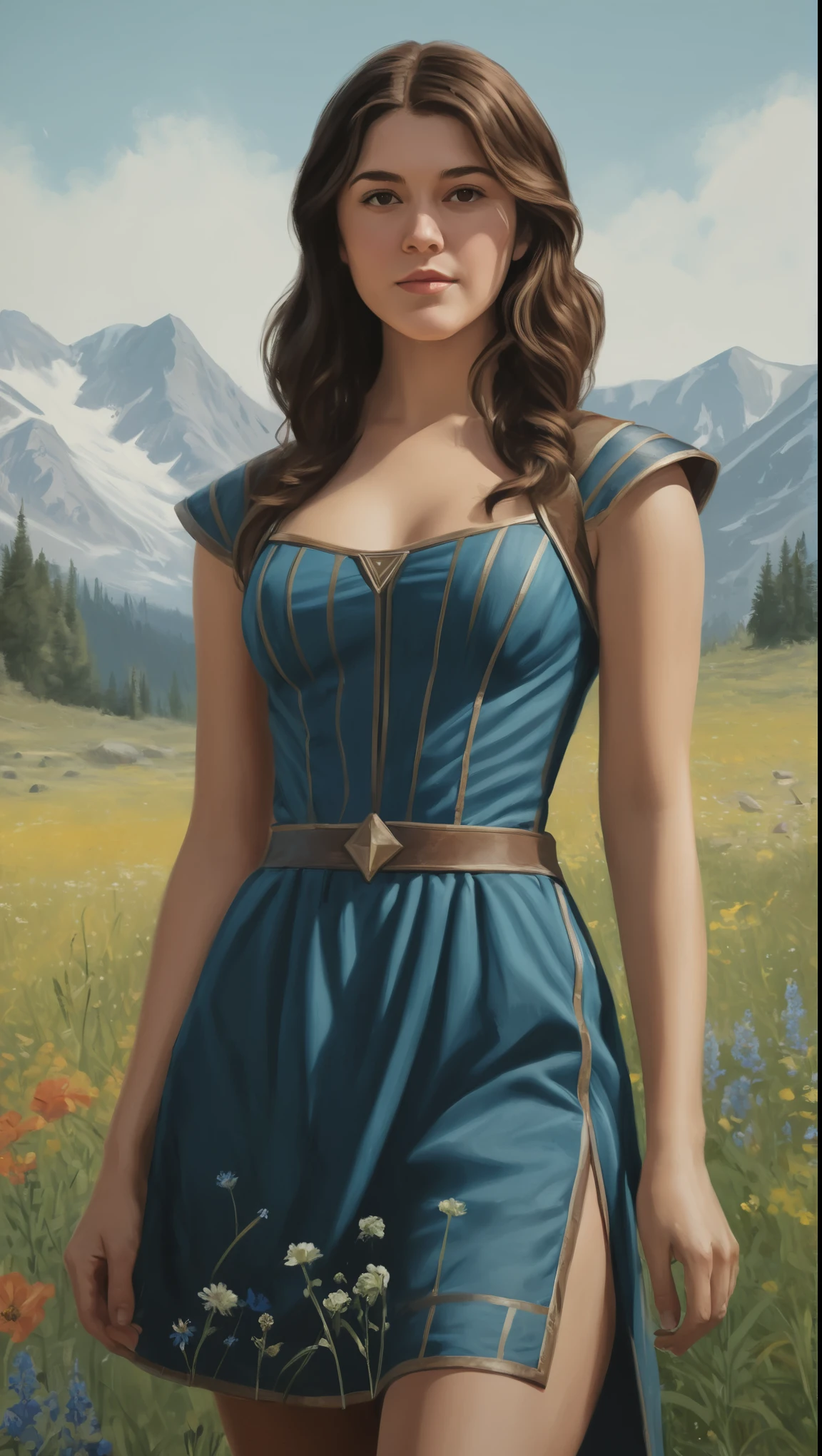 An illustrated movie poster, hand-drawn, full color, a Westerosi teen girl, wearing a regal dress, resembles Mary Elizabeth Winstead, sun-tanned complexion, tall, athletic, hourglass figure, curvy, toned midriff, bottom-heavy, generous hips, massive bubble-butt, ridiculously thick powerful thighs, dark hair, long hair, waist-length hair, posing in a meadow of wildflowers, hard shadows, graphite shading, stencil marks, airbrushed acrylic paint, masterpiece, in the style of Skyrim
