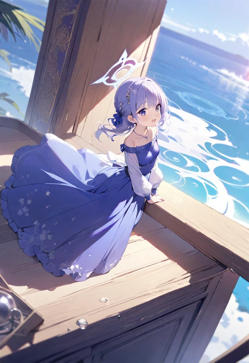 (masterpiece), (best quality), (1 girl)), amazing, beautiful detail eyes, fine details, depth of field, original, (best quality), (super detailed), (best illustration), (best lighting, best shadow), (very delicate and beautiful)), very detailed wallpaper, dream background, from view, landscape, young girl, loli, full body, beautiful detail eyes, medium breasts, (((cobalt long dress)), fluffy long sleeves, hair accessories, necklace, summer, light, light makeup, outdoor, wind blowing, floating, giggling, wet, halo, magic circle, on the cabinet