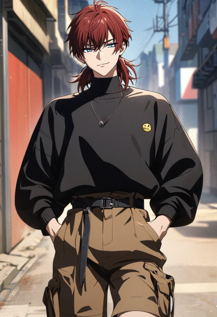 (Young guy), ((handsome)), 1guy, (solo), (red medium hair:1.1), ((wolfcut hairstyle)), (blue eyes:1.1), ((eyes details)), fit body, black turtleneck, brown cargo, ((seductive smile)), smiley face, anime hight quality, masterpiece, medium shot, hands in pockets, walking, straight-on