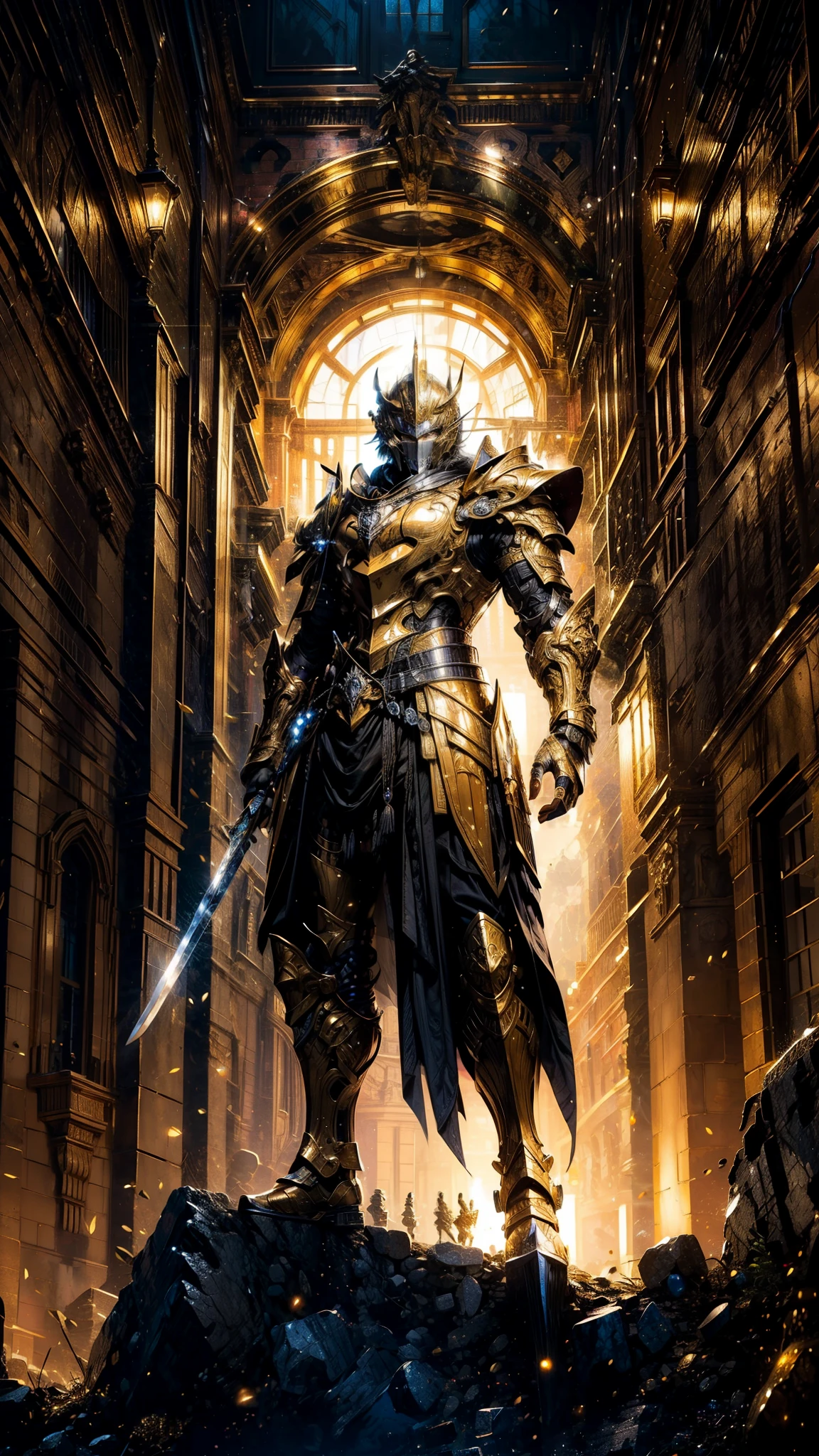 (best quality,ultra-detailed),Imperial Knight,golden plate armor with black and gold accents,divine armor,elaborate and detailed filigree metal design,sacred aura,imposing presence,full body shot, fitness body, epic battle-ready stance,stunning background of a majestic castle,large sword in hand,exquisite craftsmanship and attention to detail,vivid colors to emphasize the regal nature of the knight,strong and confident expression,flawless lighting to highlight every intricate detail,perfectly balanced composition reminiscent of classical art,commanding and awe-inspiring.