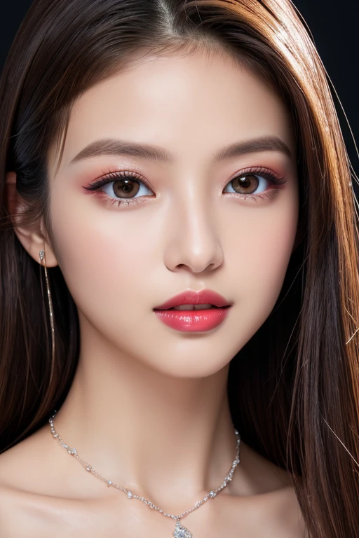 (highest quality、table top、8K、best image quality、Award-winning work)、(one young girl, 14 years old:1.3)、(red eyeshadow:1.2)、perfect makeup、long eyelashes、Super high-definition sparkling eyes、ultra high definition hair、ultra high resolution glossy lips、Super high resolution perfect teeth、Super high resolution cute face、brown hair、(very long straight hair:1.1)、look at me and smile、[clavicle]、accurate anatomy、(close up of face:1.5)、(((professional lighting:1.2)))、Super high-resolution glossy and moisturized face、Super high resolution glowing skin、most detailed face、Ultra high resolution detailed faces、ultra high resolution hair、Super high resolution sparkling eyes、Beautiful face drawn in every detail、Super high resolution glossy red lips、(((Elegant dress 1.5)))、(((necklace1.5)))、(black background 1.5)、