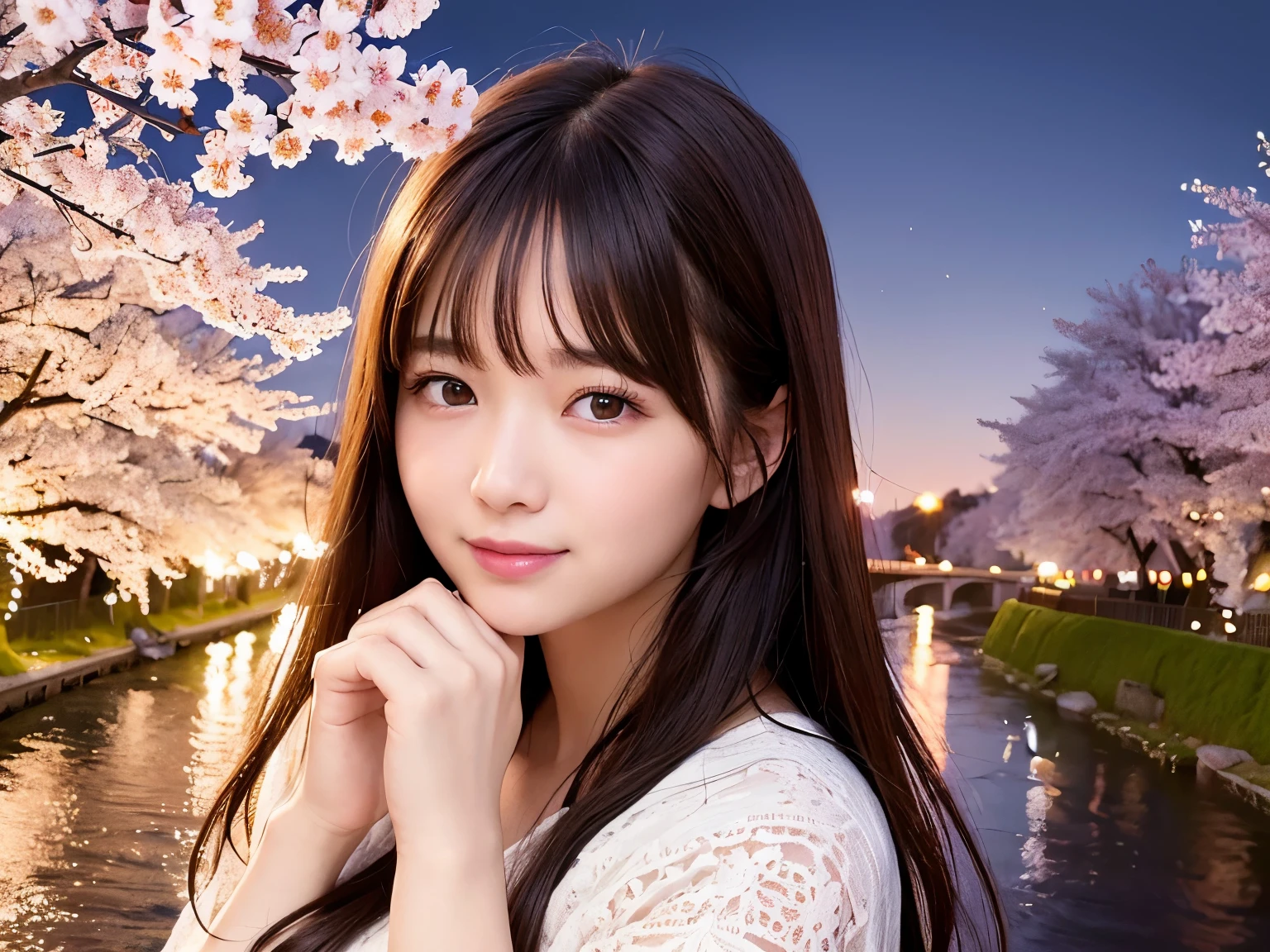 Highest image quality、realistic pictures、full shot、I can see the whole thing。night、Beautiful woman、clear、Pitiful、Mature twenty year old、night桜、love、smiling、Rows of cherry blossom trees along the river、Memories、calm atmosphere、楽しいnightの散歩。