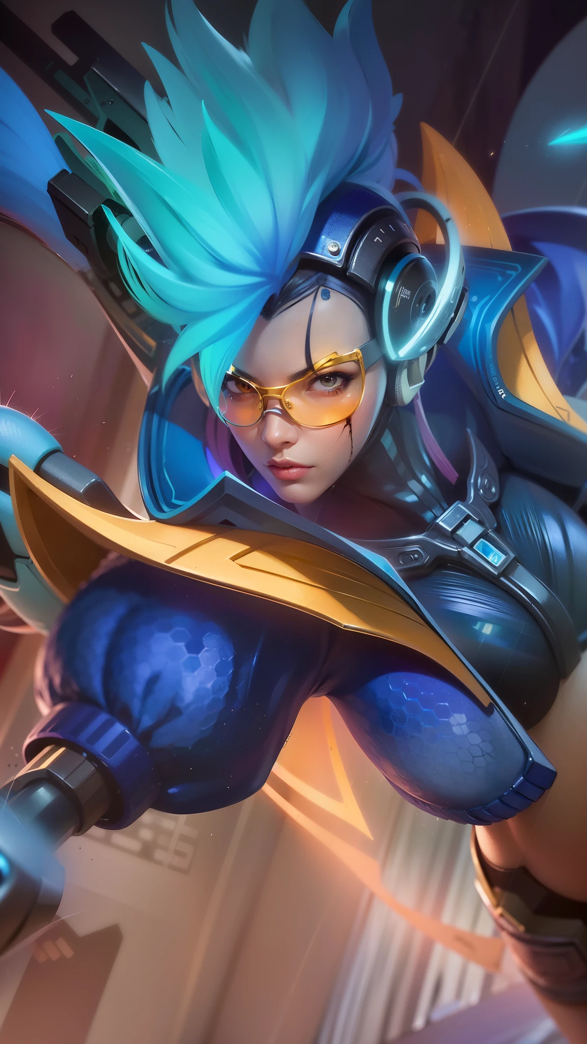 a close up of a person with a blue hair and a helmet with glasses, extremely detailed artgerm, artgerm detailed, artgerm lau, graphic artist artgerm, qiyana, senna from league of legends, artgerm. high detail, kda, style artgerm, artgerm jsc, trending artgerm, artgerm style, 8k, ultra hd, ultra detailed texture, hyper realistic, masterpiece, detailed texture, detailed face, detailed skin, detailed lighting, (photorealistic:1.5), best quality, beautiful lighting, cinematic lighting, professional lighting, ultra highres, realistic, detailed hair, real hair, high quality, (realskin:1.5), extremely detailed, finely detail, ultra-detailed