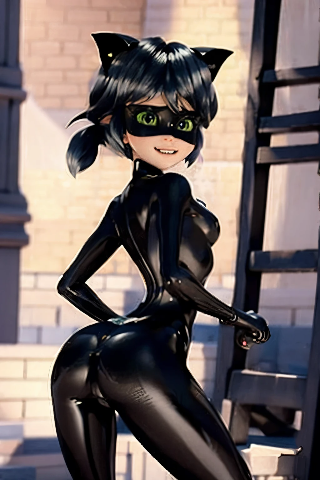 (masterpiece, 4K resolution, A hyper-realistic), cat noir, 1girl, marinette dupain-cheng, perfect butt, bodysuit, cat ears, 