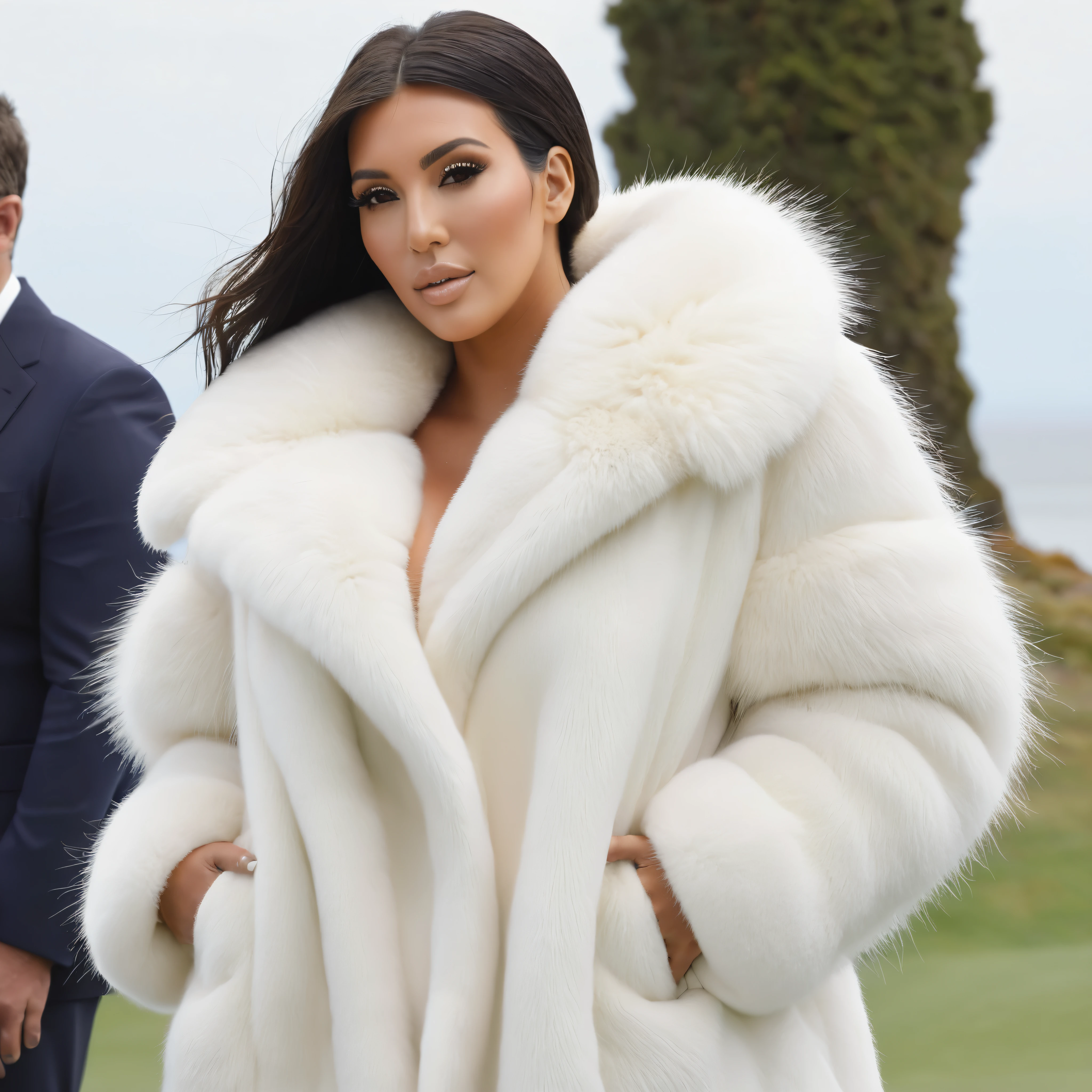 A very wide and very thick, manteau de fourrure extra court, en vison blanc, fifty centimeters thick, duveteux, naturel, with an ultra thick white mink fur collar, three layers, sur Kim Kardashian, fully nude profile view, bare shoulders, and two large breast discovered by the fur, at sunny Pebble Beach golf
