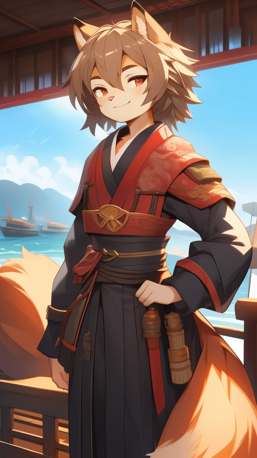 Best quality, Super detailed illustration, (fluffy squirrel boy:1.4) , feminine face and body, disheveled thick hair, Samurai Equipment, Japanese atmosphere ,smug smile, half-closed eyes , against the background of the harbor ,femboy ,small waist, wide hips, slim, perfect body, style "DND"