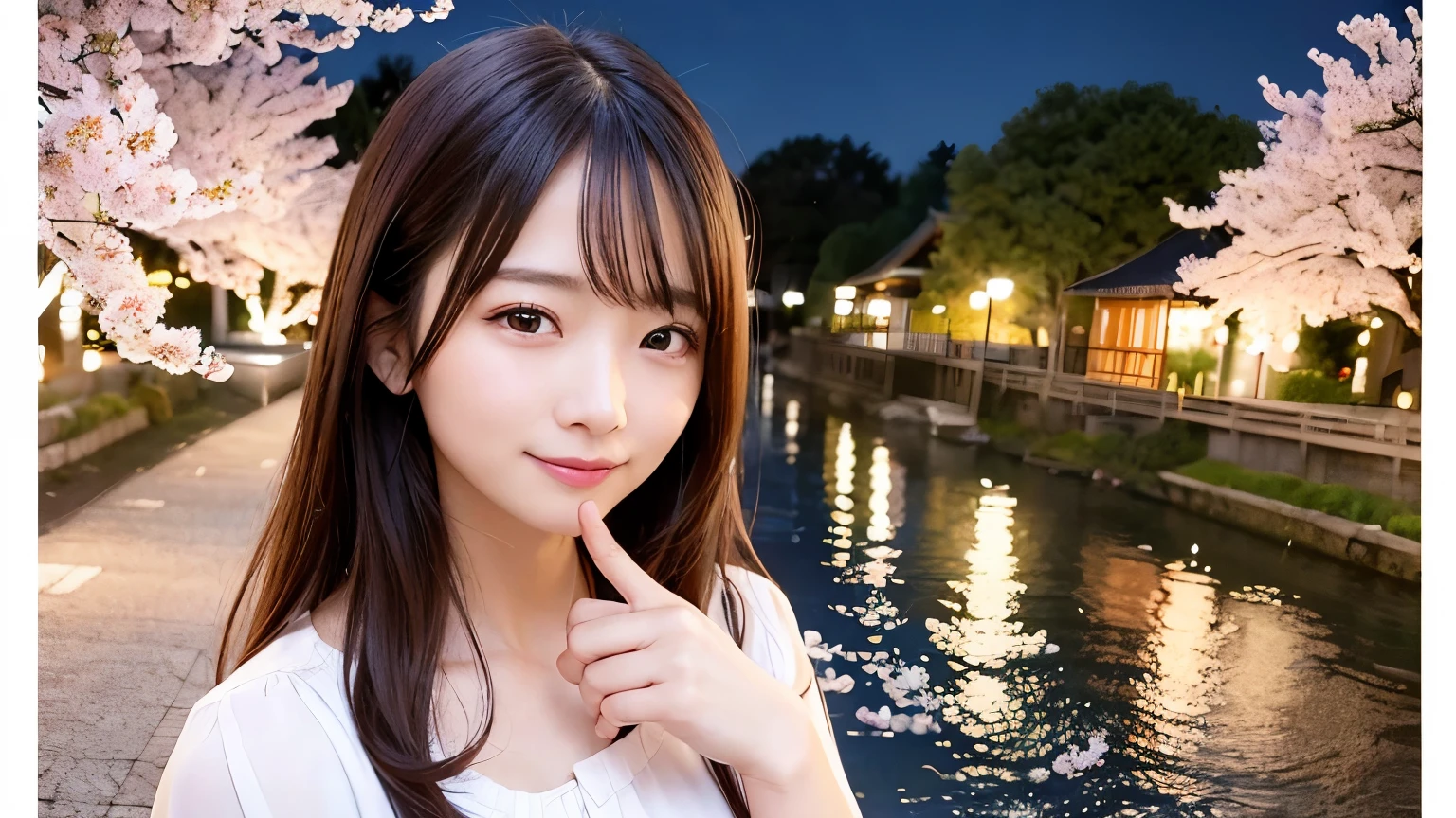 Highest image quality、realistic pictures、full shot、I can see the whole thing。night、night桜、Beautiful woman、clear、Pitiful、Mature twenty year old、smile、Rows of cherry blossom trees along the river、Memories、calm atmosphere、楽しいnightの散歩。