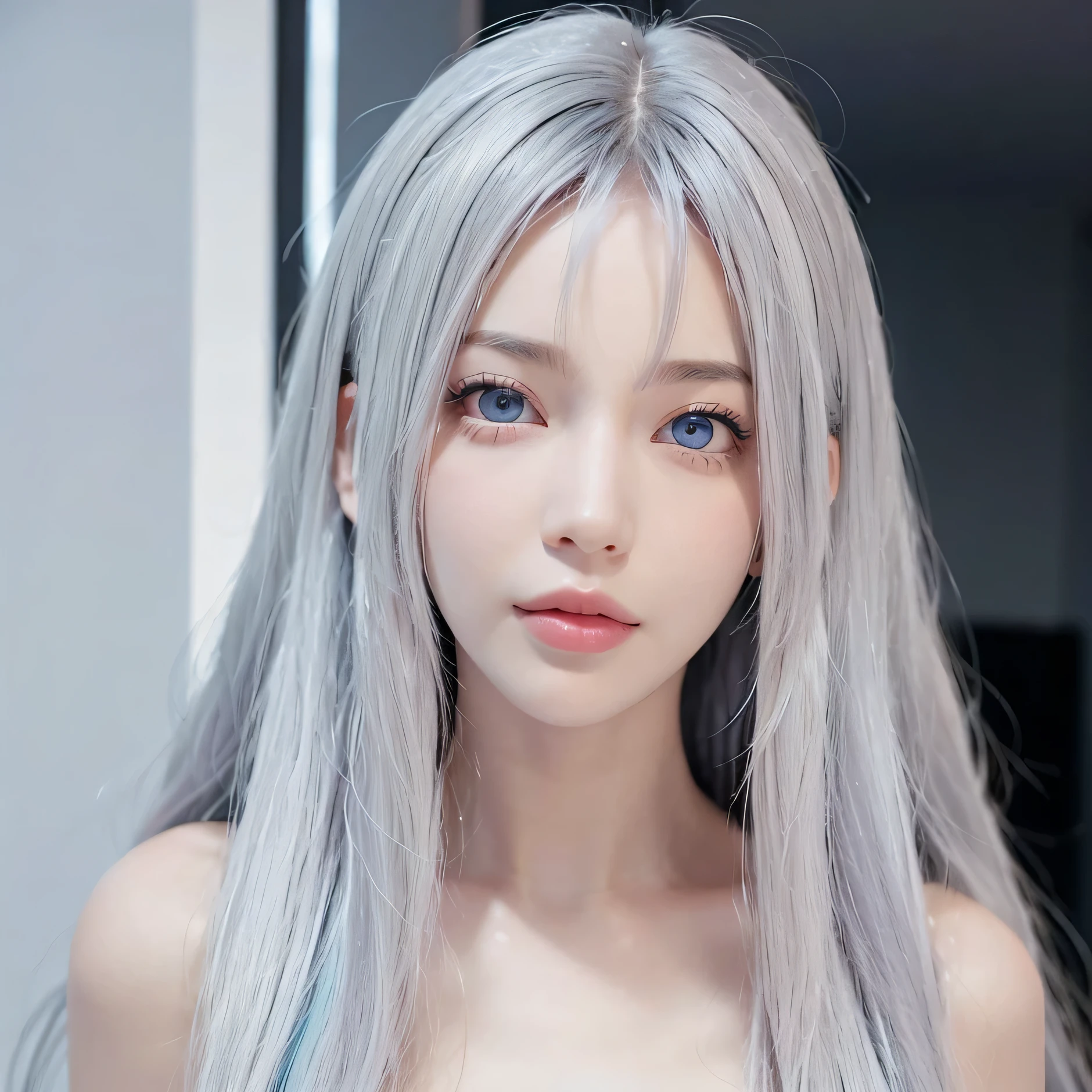 beautiful girl who has a sharp nose and thick, plump pink lips, has light blue eyes and doe eyes. long straight hair that looks soft and smooth. and has platinum hair color. and has an hourglass body shape 