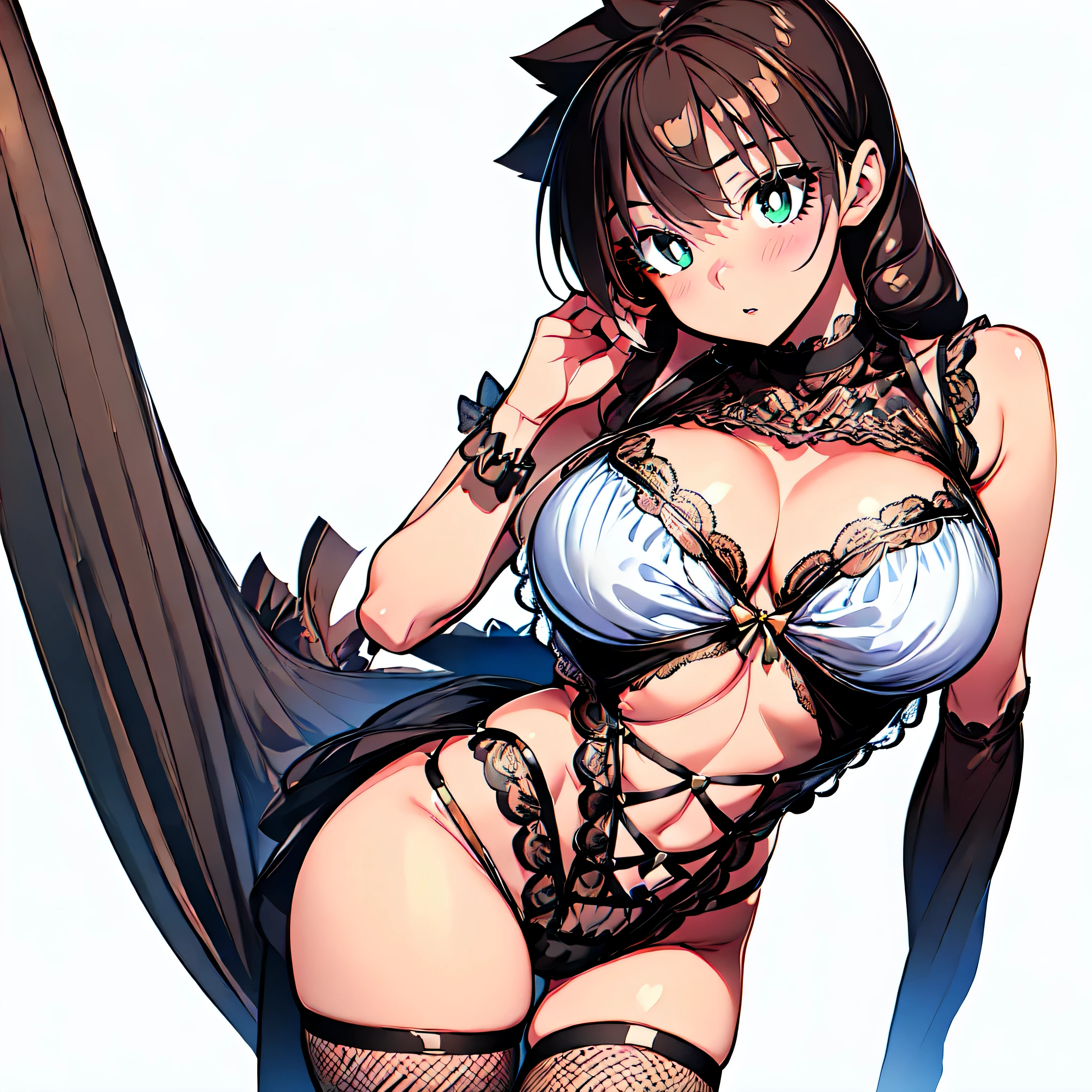 masterpiece,best quality,high resolution,nsfw,((1girs:2,solo:2)),amano_megumi,16years old,baby face、((thong:2,big breasts:1.8、big ass:1.4,curvy))、green eyes, white pupils, bright pupils, brown hair, twintails, breasts,Are standing、((embarrassed:1.9,blush:1.4,parted lips:1.2)),fishnets,underwear,thighhighs,bra,navel,panties,black bra