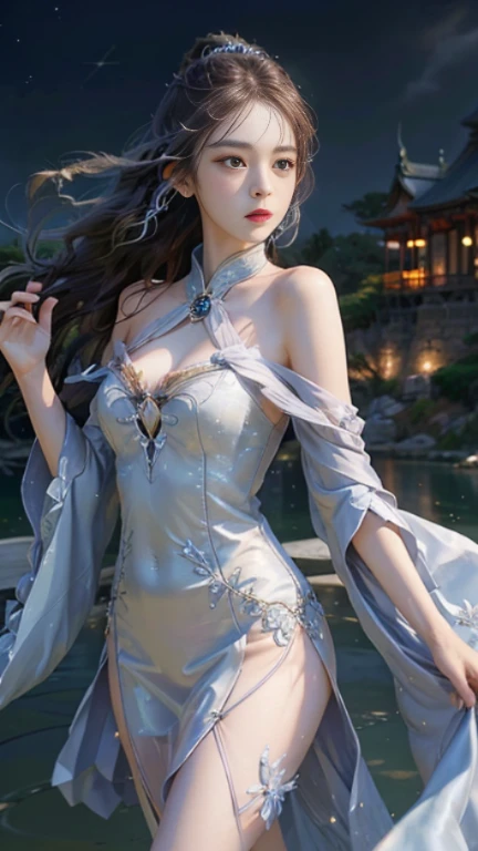 Elaborate Hanfu ((nine peaks, bare shoulders)),(masterpiece, highest quality:1.2), 1 girl, alone, deep in wonderland,The moonlight falls like water,fog room,The heroine's figure is vaguely visible,まるで絵の中のlike a fairy,slim sexy legs,very nice legs,Sexy legs leaking,big breasts,美丽而又带着一丝mystery的色彩。her face is beautiful and delicate,Like finely carved jade,Expressing otherworldly beauty。Eyebrows become a picture,The waves in your eyes are like twinkling stars,Show me the light of patience and wisdom。The bridge of the nose is straight,cherry lip color,Slightly upturned corners of the mouth convey confidence and poise.。her face is clearly defined,my skin is white like jade,Reveals a healthy glow,like a fairy, She'll never eat fireworks in this life。Her makeup is light and delicate,Not too overly decorated,but、Enough to show her temperament and charm。A light-toned foundation that brings out the transparency of your skin,A light eyebrow pencil outlines her perfect brow shape,Eye makeup is eyeshadow and eyeliner,her eyes brighter、make you more energetic。。嘴唇涂上grace的口红,Adds a touch of glamour and sophistication。她的衣服grace别致,Clothes Fluttering,It looks like it's about to be blown away by the wind,drifting far away。既不失grace,Showing off incredible skills。sway with her movements。her hair is tied back carelessly,Secure with hosta,A few hairs blowing in the wind,Adds a little softness。Her figure approaches the fairyland,宛如一道big breasts美丽的风景线,Charmed everyone'Notice。She's like a fairy in Wonderland,big breasts美丽、grace、mystery、and full of power。