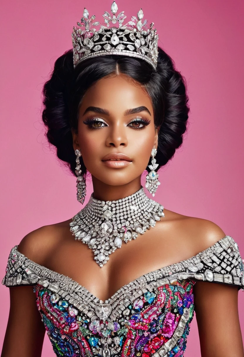 Uma rainha de um reino desconhecido. she is black and very beautiful, ela usa roupas coloridas e chamativas, She wears accessories covered in diamonds, ela usa vestido colorido
