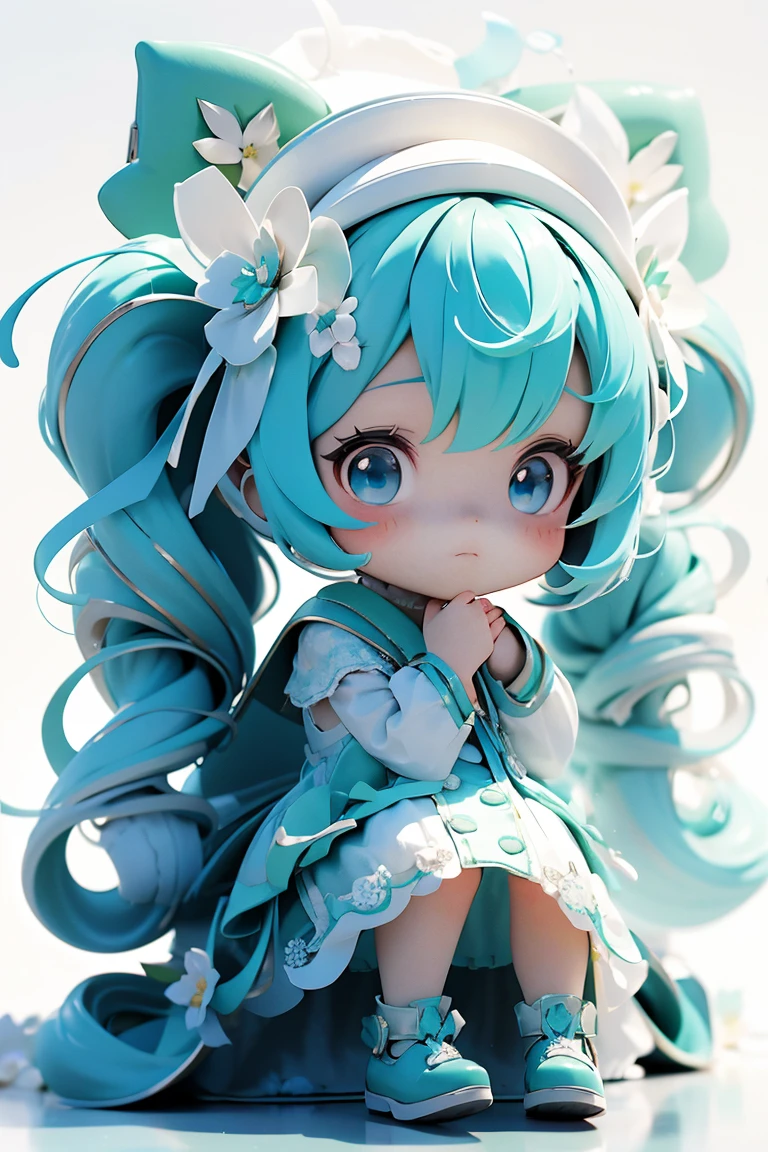  1girl,hatsune miku,long hair,solo,twintails,chibi,hat,white background,flower,hair flower,hair ornament,green hair,sitting,simple background,dress,looking at viewer,white dress,white headwear,very long hair,blue eyes,aqua hair,bangs,faux figurine,plant,chibi,Blind box,3D model rendering,