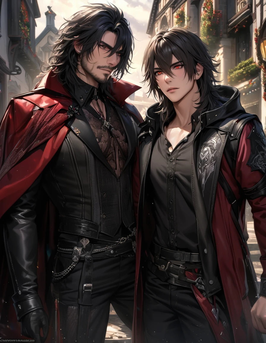 absurdres, highres, ultra detailed, HDR), masterpiece, best quality, Ardyn Lucis Caelum, medium black hair, vibrant golden eyes, Final Fantasy xv, Requiem, clive rosfield, black spiky medium hair, hair between the eyes, vibrant red eyes, 2men together, gay couple, handsome, magical town, red leather jacket, black leather shirt, black cape