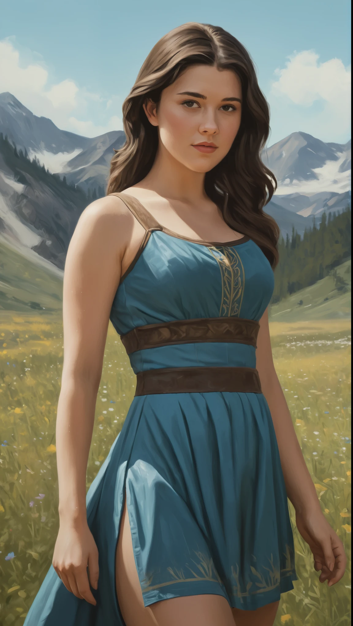An illustrated movie poster, hand-drawn, full color, a Westerosi girl, wearing a regal dress, resembles Mary Elizabeth Winstead, sun-tanned complexion, tall, athletic, Amazonian figure, curvy, toned midriff, bottom-heavy, generous hips, massive bubble-butt, ridiculously thick powerful thighs, dark hair, long hair, waist-length hair, posing in a meadow of wildflowers, hard shadows, graphite shading, stencil marks, airbrushed acrylic paint, masterpiece, in the style of Skyrim