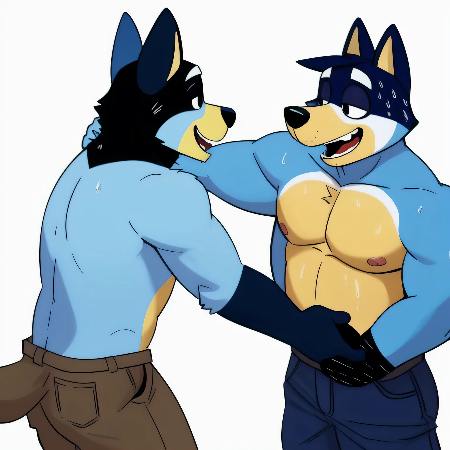 masterpiece, best quality,  bandit heeler, shirtless, pecs, sweaty, nipples, wearing jeans,blue body, yellow torso, twitchemote, happy, dog, snout, eyelids, cool, detailed, laughing, white background,    soyjaks, duo, pointing, open mouth, :o