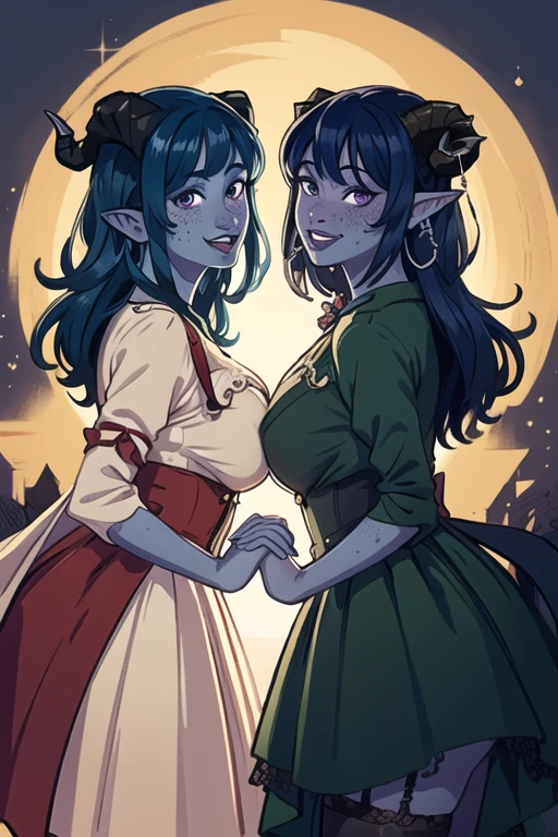 masterpiece, best quality, 2 girls, ((identical twins)), ((matching skin, matching clothes, matching hair)), jesterlavorre, blue hair,  purple eyes, blue skin, freckles, (large breasts), lingerie, colored skin, horns, pointy ears,, tiefling, smile, looking at viewer