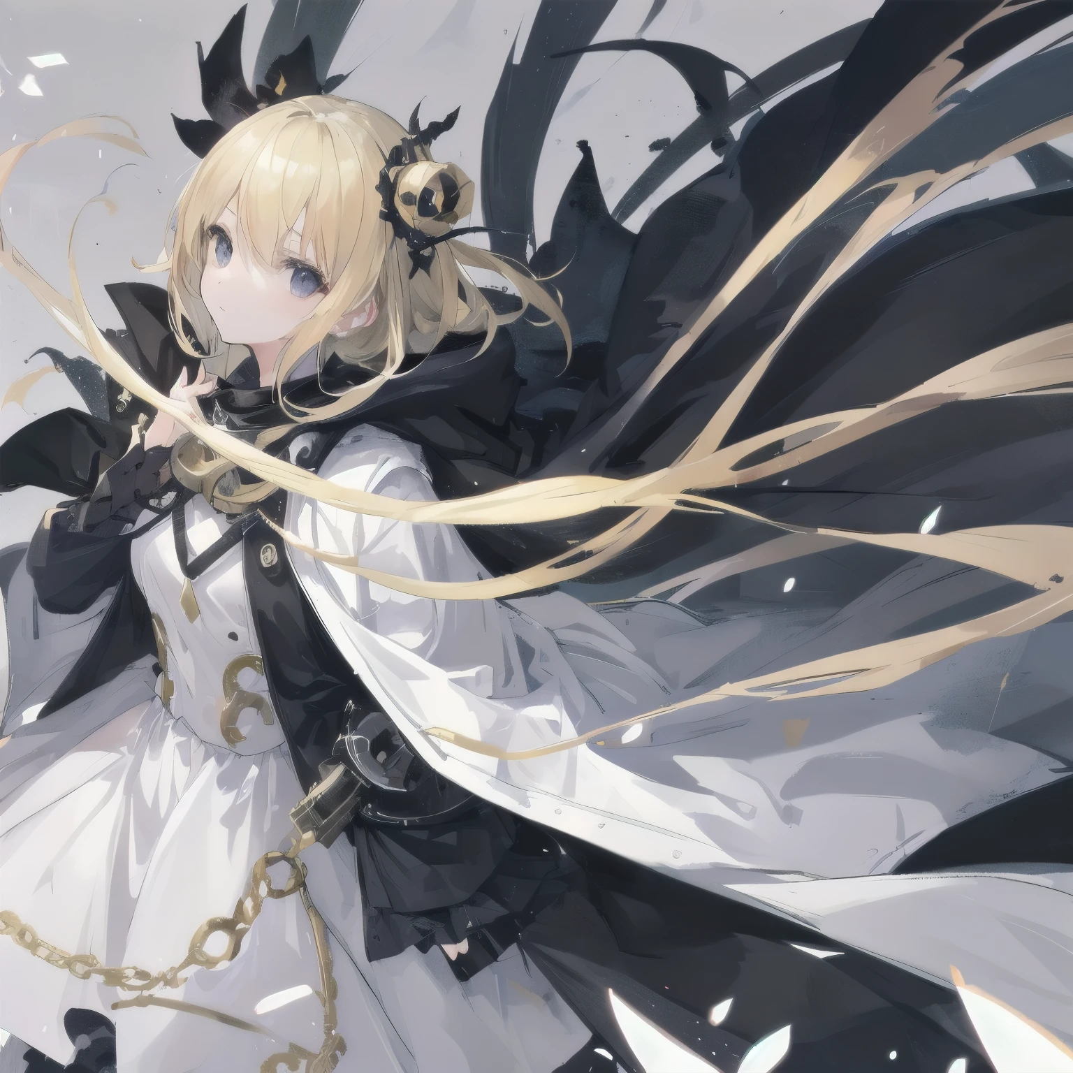 a girl, blonde hair, black eyes, wearing white coat, black scarf with gold patterns, eerie aura, stand alone in Meadow.