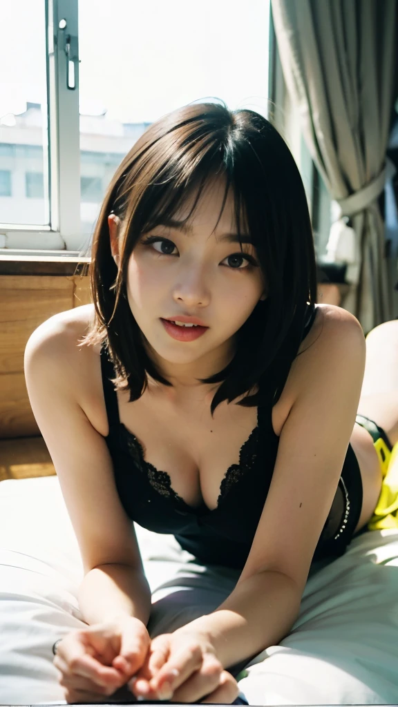 age 18,(full body),sexy,girl lying on the bed, gyaru make,,Sexually seductive facial expressions、legs spread、massage the pussy,