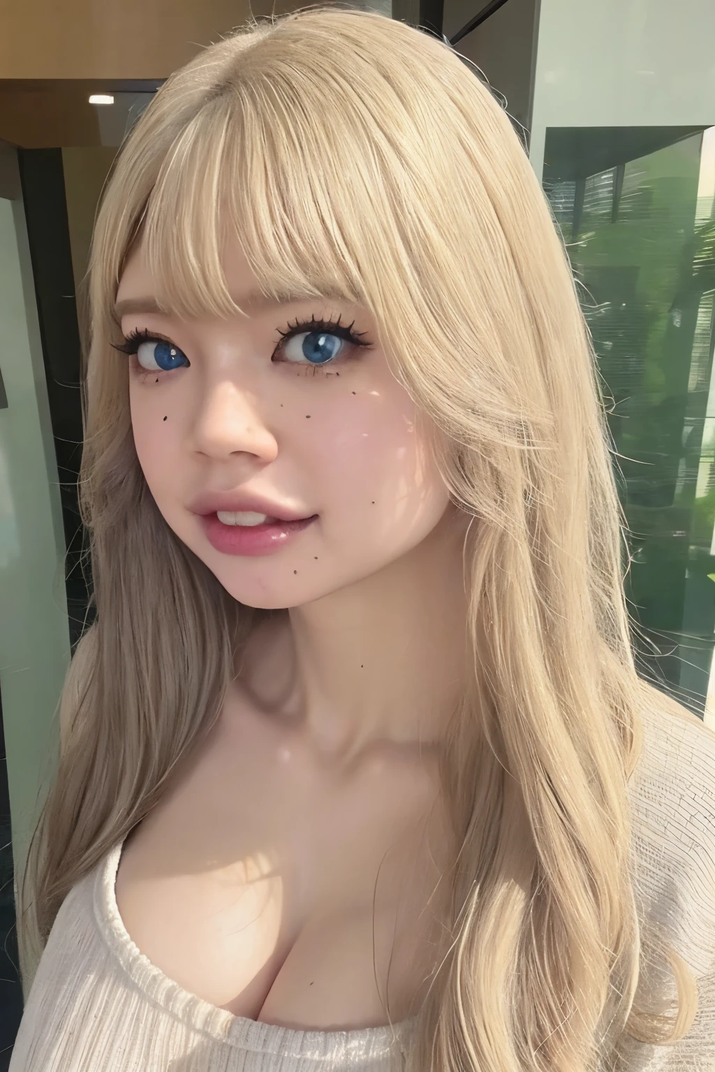 RINA, Babe Rina, 1girl, portrait, portrait to waist, standing straight, blonde long hair, blonde curly hairstyle, longer hair down to waist, blueish eyes contact, (detailed eyelash:1.4), (long eyelash:1.4), plump teak, revealing skin, barbie looks, bimbo lips, big lips, red lipgloss, (sexy lips:1.4), pink room, gigantic breast, oppai, princess look, princess crown, crown on head, looking at camera, Ultra-realistic capture, Highly detailed, High resolution 16k, Skin should look healthy, Use natural light and color, (Big , ultra gigantic, Super super big, Glamorous body), (knitted sweater, miniskirt), Highly detailed, High-definition raw color photos, Professional Photography, Realistic portrait