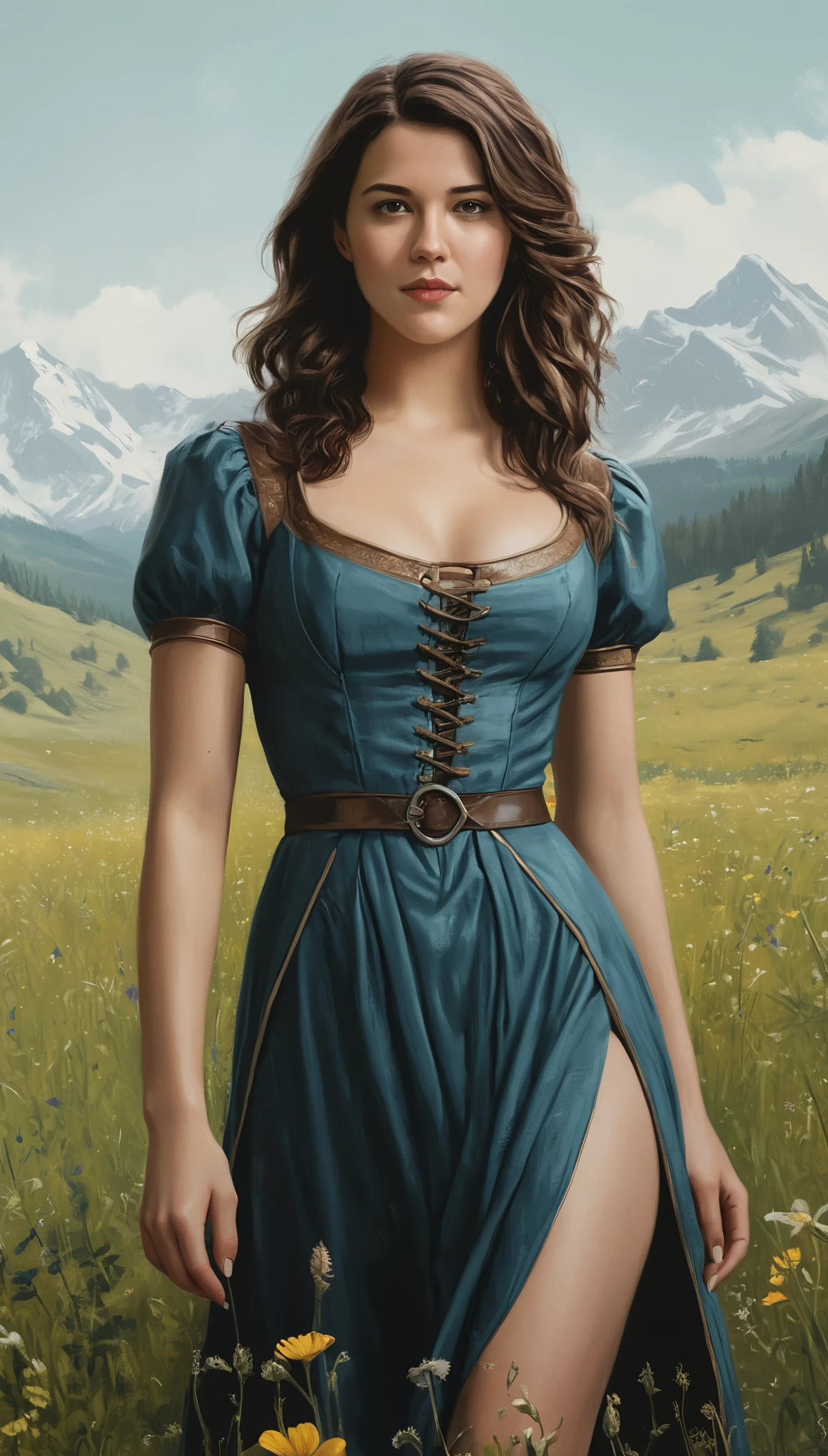 An illustrated movie poster, hand-drawn, full color, a Westerosi teen girl, wearing a regal dress, resembles Mary Elizabeth Winstead, sun-tanned complexion, tall, athletic, Amazonian figure, curvy, toned midriff, bottom-heavy, generous hips, massive bubble-butt, ridiculously thick powerful thighs, dark hair, long hair, waist-length hair, posing in a meadow of wildflowers, hard shadows, graphite shading, stencil marks, airbrushed acrylic paint, masterpiece, in the style of the Witcher