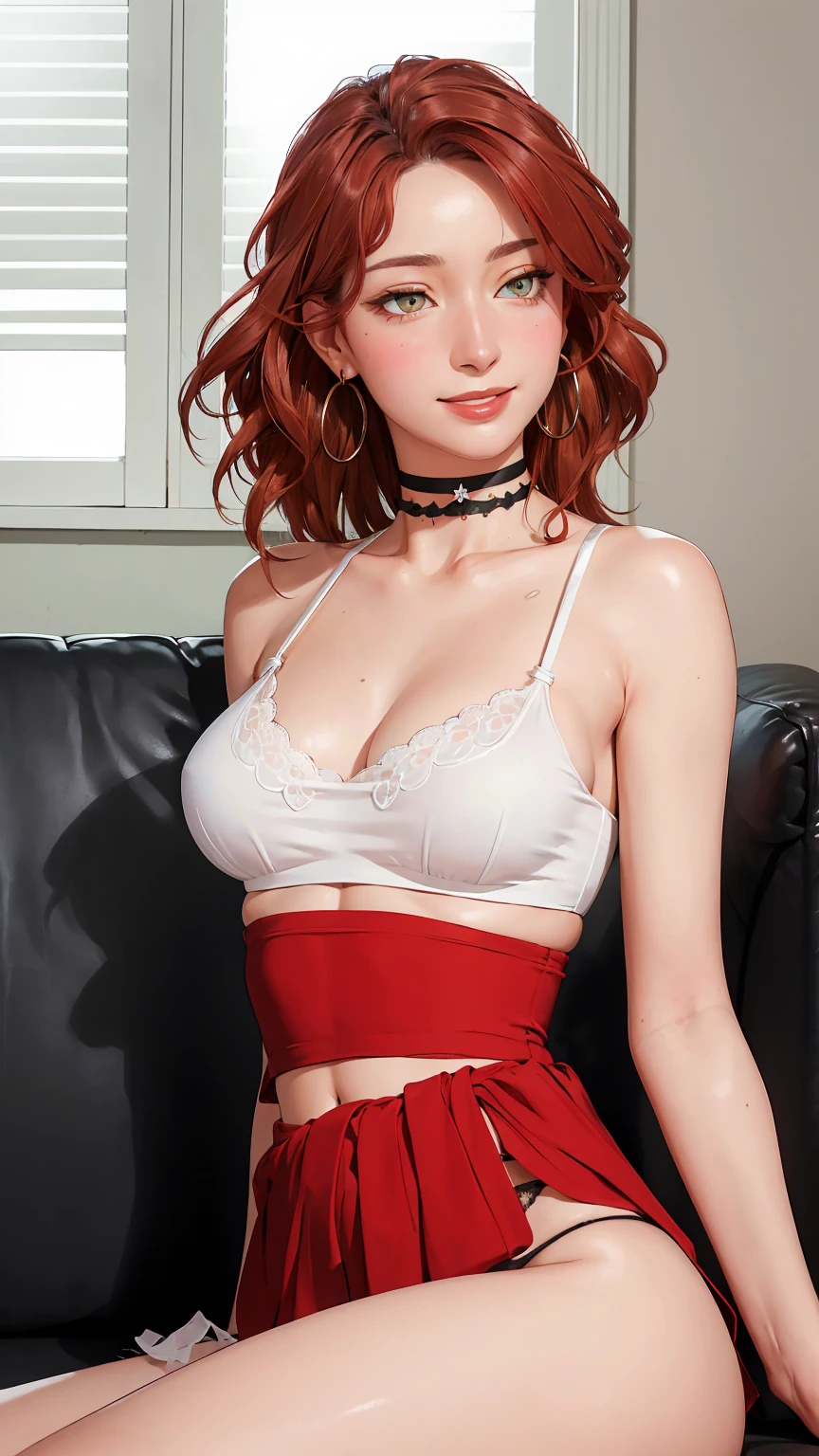 ((((masterpiece, Best Quality, High resolution)))), Extremely detailed 8k, Beautiful girl with voluptuous body, (ultra high definition, ultra detailed, Very detailed, very realistic, ultrarealistic, realistic photography), (1 girl:1.5), (realistic red hair), (long wavy hair, hair ornaments, earrings), (dynamic poses), looking to the camera, looking at the viewer, (blushing red, ashamed, smile), (hazel eyes, sharp eyes), (large and perky breasts:1.2), (beautiful detailed face, beautiful detailed eyes), ((top bralette blanco, panties, Black choker)), (open waist), (sitting on the couch:1.3), sweat, glow, (Sun ray, sunlight), ((cowboy shot)), bedroom