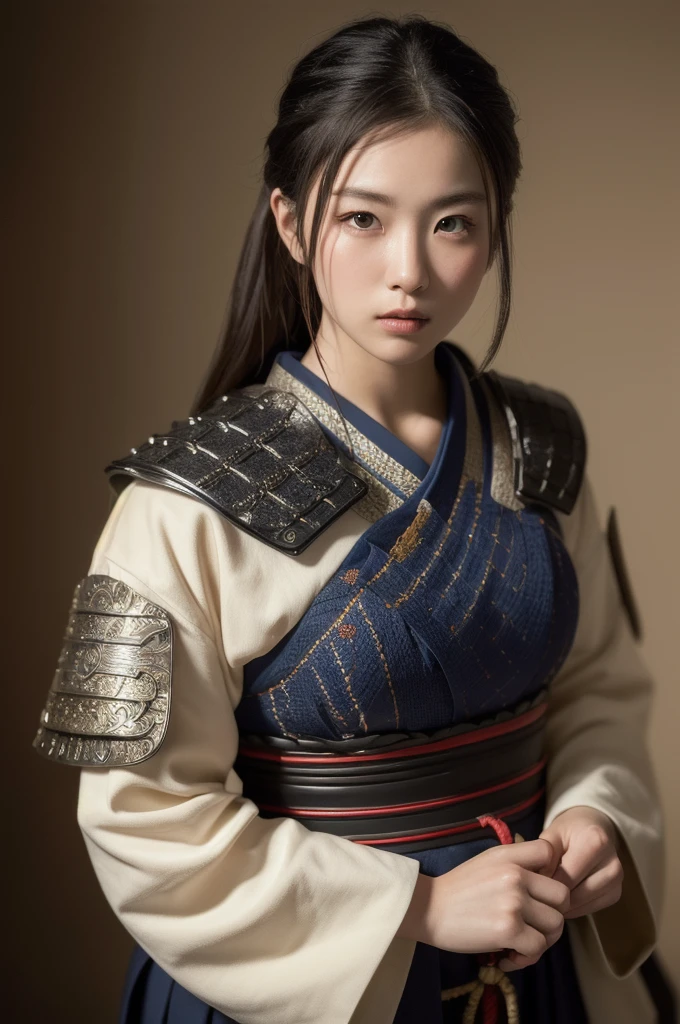 ((masterpiece, best quality, Best image quality, high resolution, surrealist, realistic, RAW photos, 8 thousand)), very detailed, full body image, Japanese Warring States Period background, Samurai wearing traditional armor, Cinematic, beautiful, camera angle front, looking at viewer, katana, dynamic lighting, Detailed Details, big bust, muscle
