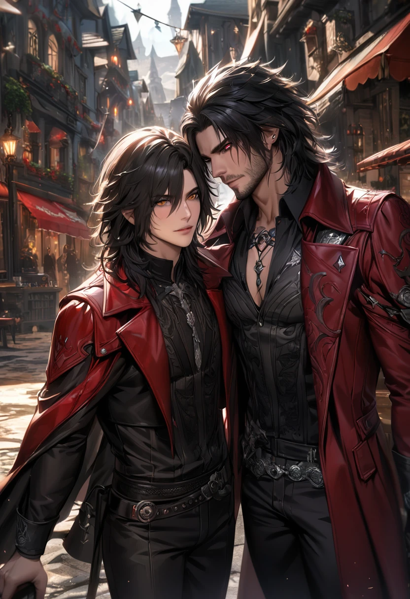 absurdres, highres, ultra detailed, HDR), masterpiece, best quality, Ardyn Izunia, medium black hair, vibrant golden eyes, Final Fantasy xv, Requiem, clive rosfield, black spiky medium hair, hair between the eyes, vibrant red eyes, 2men together, gay couple, handsome, magical town, red leather jacket, black leather shirt, black cape
