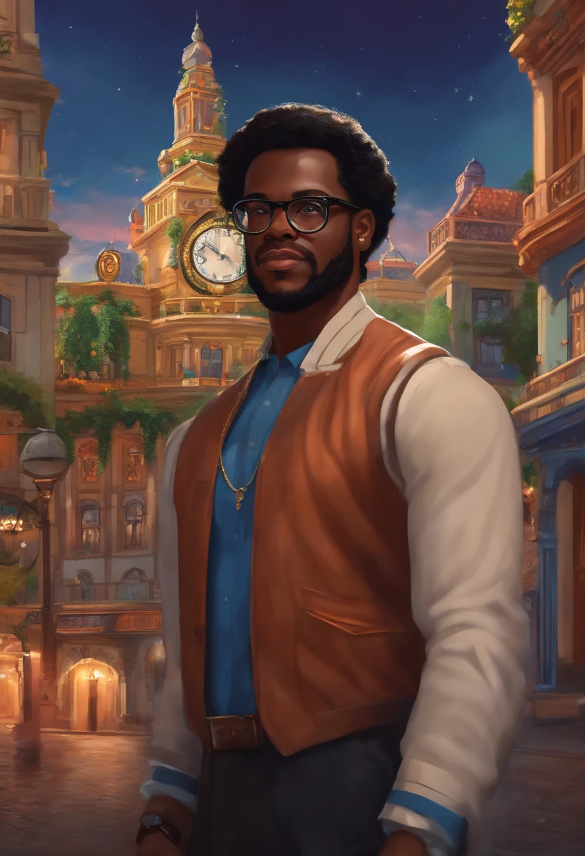 Disney Pixel Scene, Downtown Curitiba-Paraba, Black Man With Glasses, Nodred Hair, Small Beard Made Clock, On Arm And Diamond Earrings