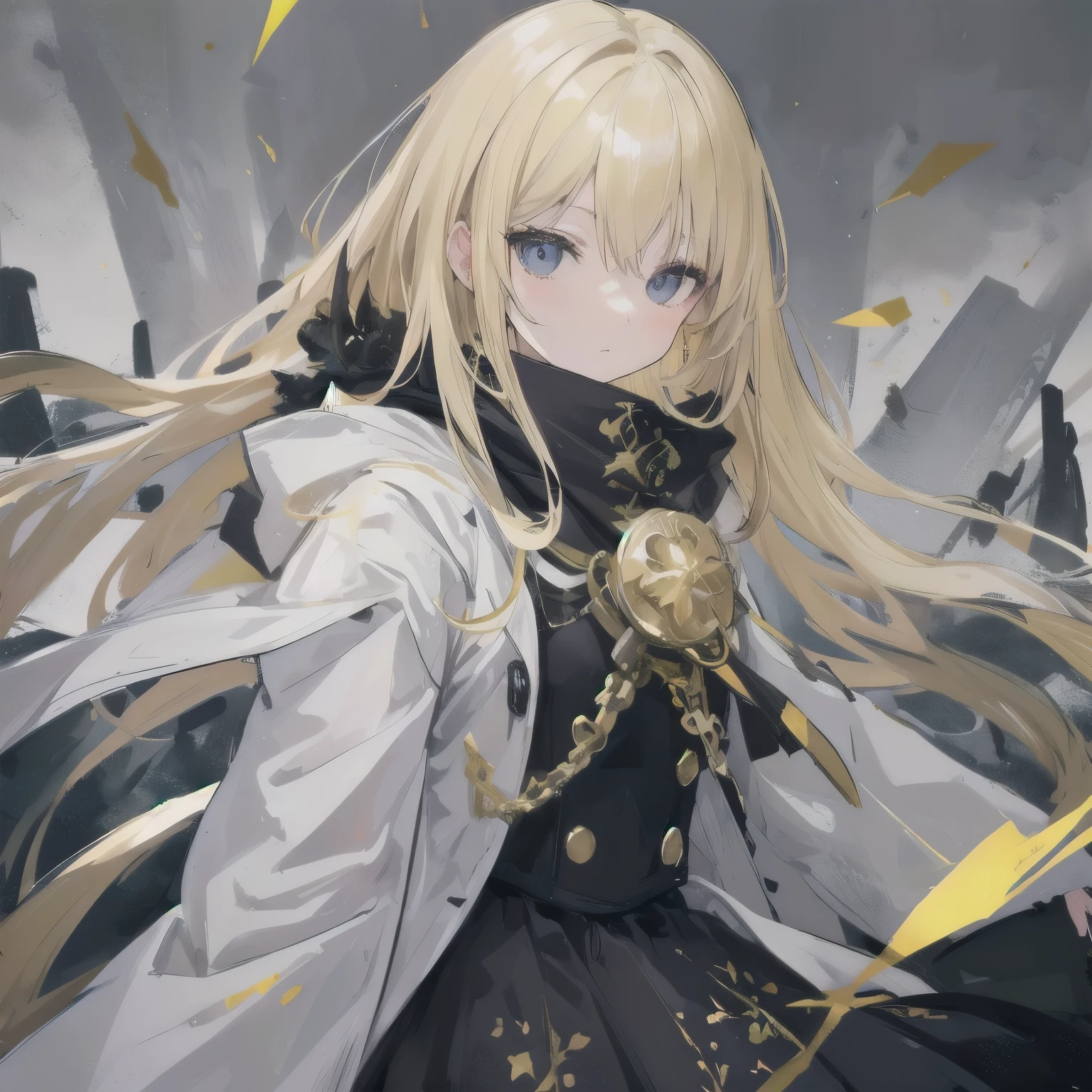 a girl, blonde hair, black eyes, wearing white coat, black scarf with gold patterns, eerie aura, stand alone in Meadow, adult.