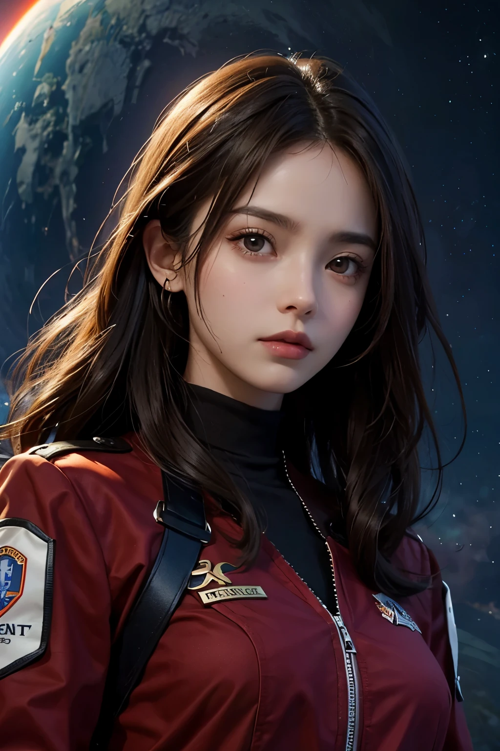 A beautiful woman. Dark brown hair. 23 years old. She is looking at the camera with a defiant expression. She is wearing a red SS uniform. An image of a glowing blue planet behind her.