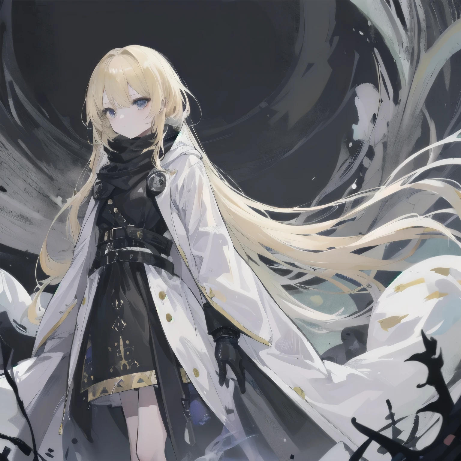 a girl, blonde hair, black eyes, wearing white coat, black scarf with gold patterns, eerie aura, standing alone in the meadow.