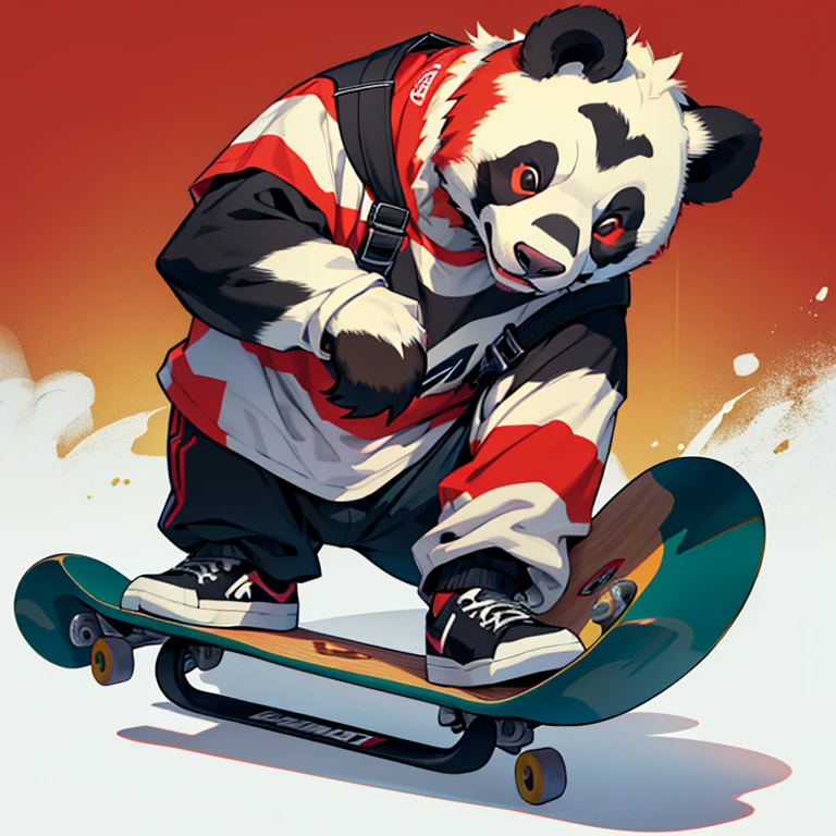 3dmm style, Masterpiece, realistic, best quality, art by Chunie, (by Chunie:1), (Anthropomorphic panda riding a skateboard), panda character, round face, playful expression, red panda with black patches, skateboard under feet, holding onto skateboard, wearing red and white striped shirt, denim shorts, brown paws gripping board, bamboo background, casual pose, looked focused and determined, athletic build, shiny black skateboard, buckled shoes on panda's paws, cartoonish style, captivating, whimsical, fun.