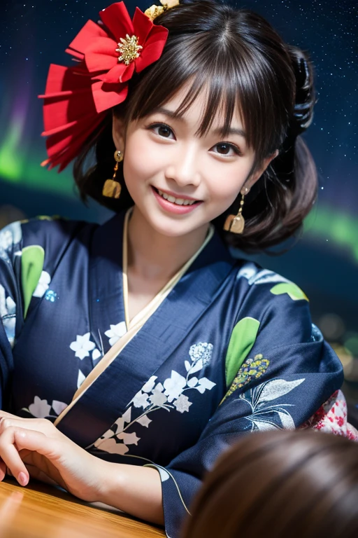 japanese id ,((cute ,:1.2)),(8K, Raw photo, super detailed, highest quality:1.2), (realistic, Photoreal:1.4), (Extremely detailed, 超A high resolution ,beautiful, table top:1.2), ,highly detailed face and eyes,shiny skin,(Upper body:1.professional lighting,soft light, sharp focus, Depth of the bounds written,medium hair,earrings, ( Kimono costumes :1.3),(smile:1.3),Bokeh,(dynamic angle:1.5),( night sky aurora background, Christmas tree and snowy mountains々
:1.3）