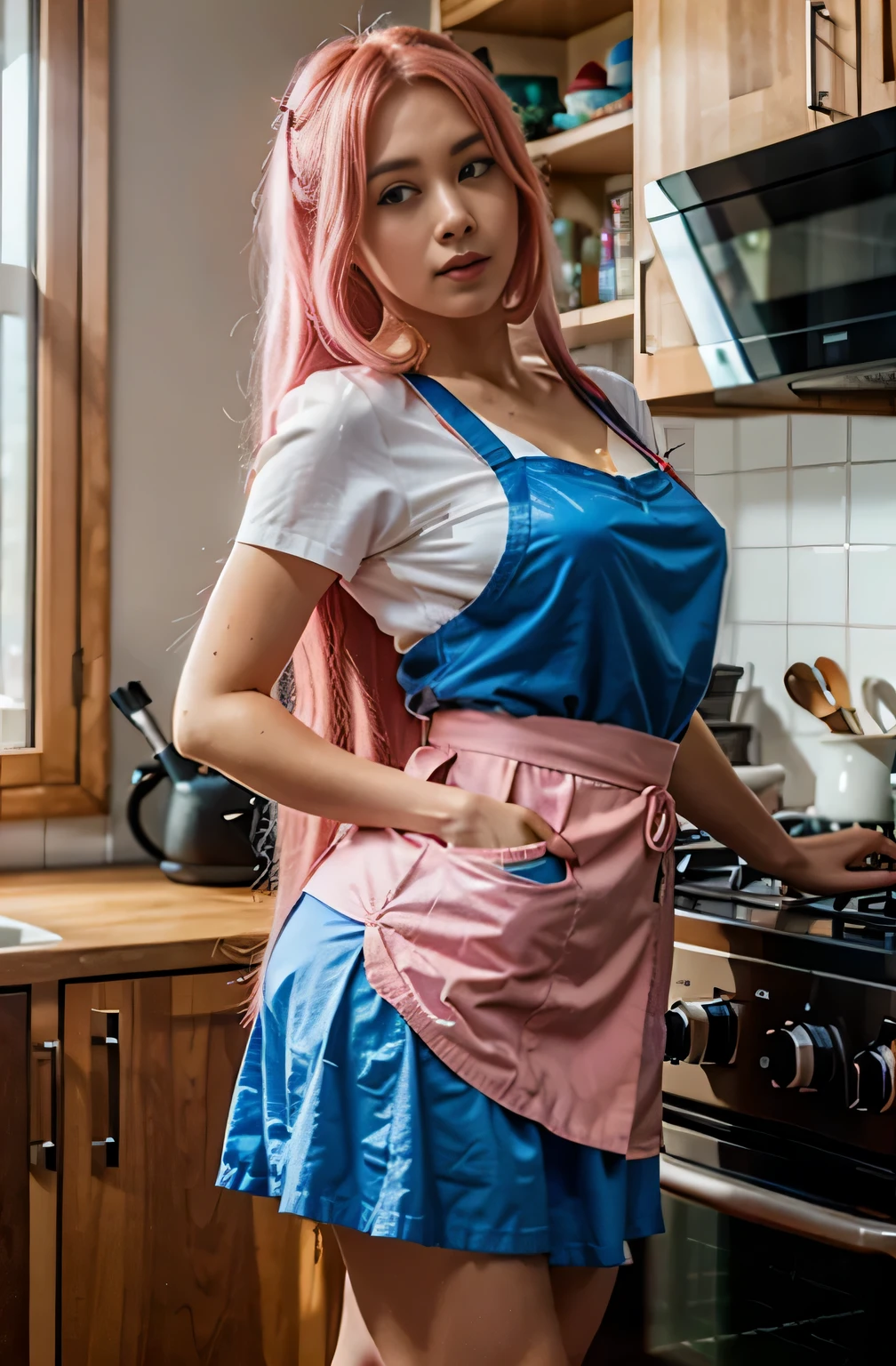 arafed woman in open long pink hair cooking food wearing blue and red beautiful long skirt and apron, ross tran 8 k, smooth pink skin, alena aenami and artgerm, some pink, seductive anime girl, 8k high quality detailed art, badass anime 8 k, photorealistic anime girl render, thicc, girl, beautiful alluring anime woman, 3 d anime realistic