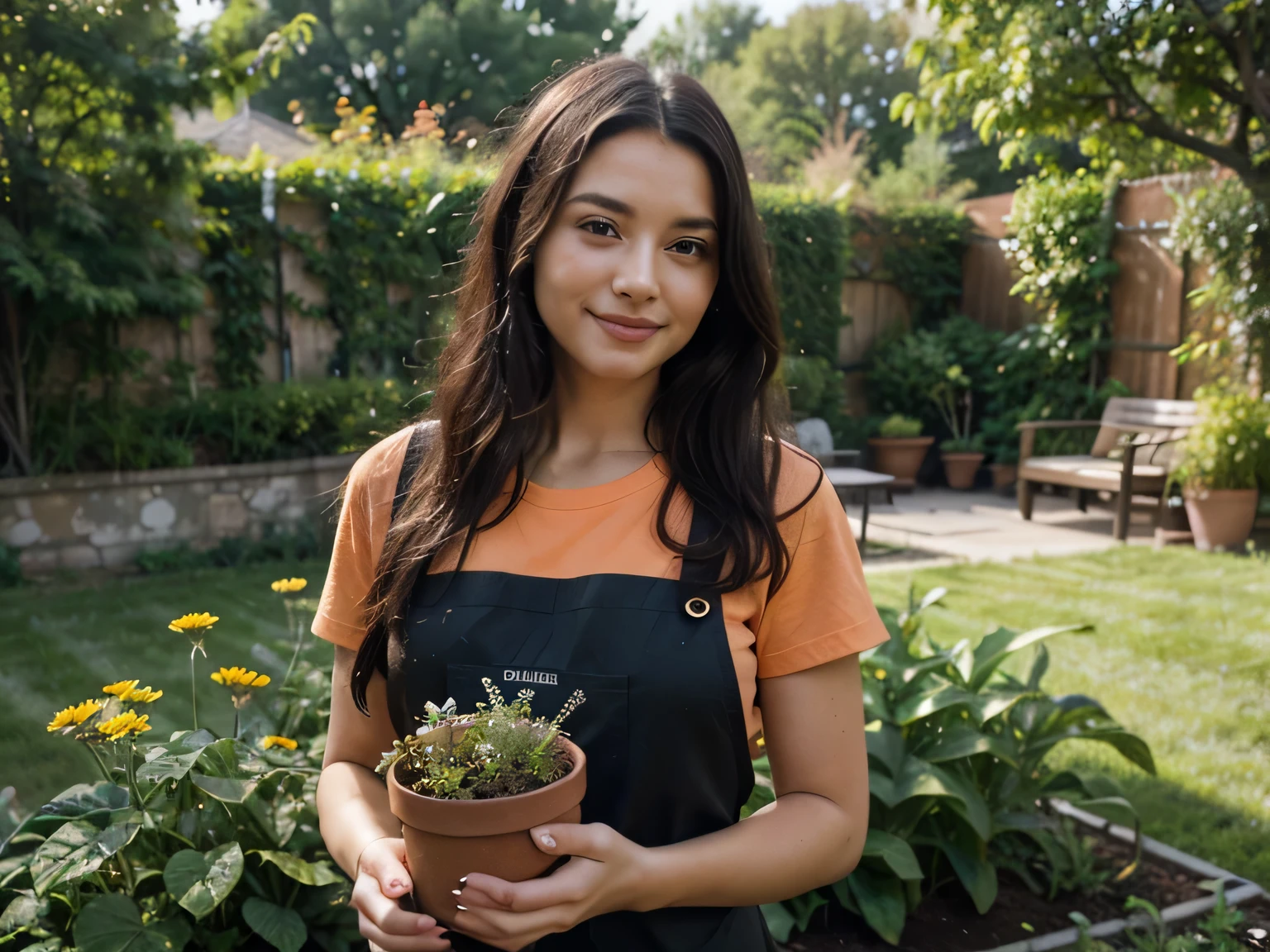 Super realistic, a woman is planting in a beautiful garden, black long hair, gentle smile, perfect face, wearing orange colour gardening apron and t-shirt, holding a pot of daisy, masterpiece,