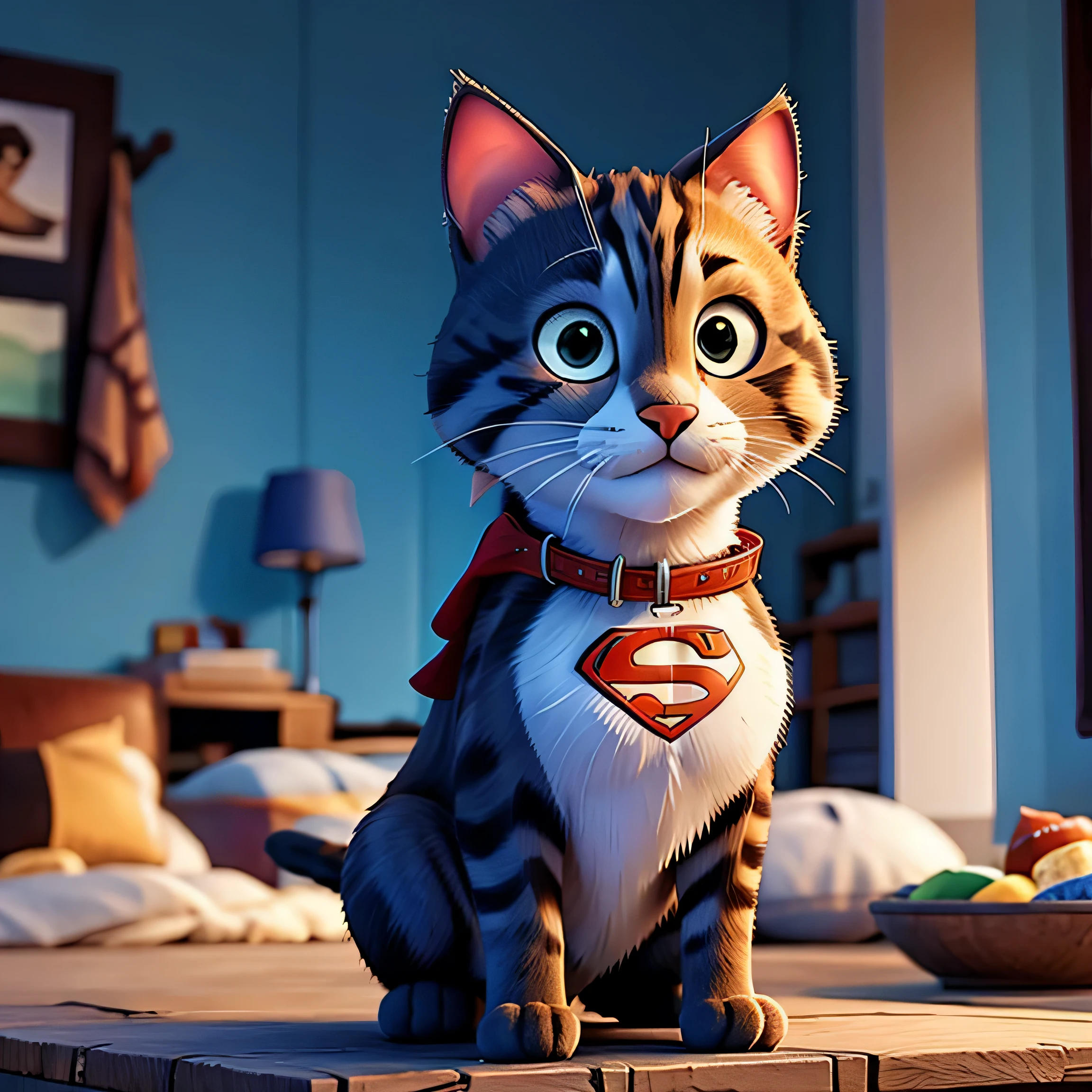 Make a picture of a cat as superman. Profile picture. High quality